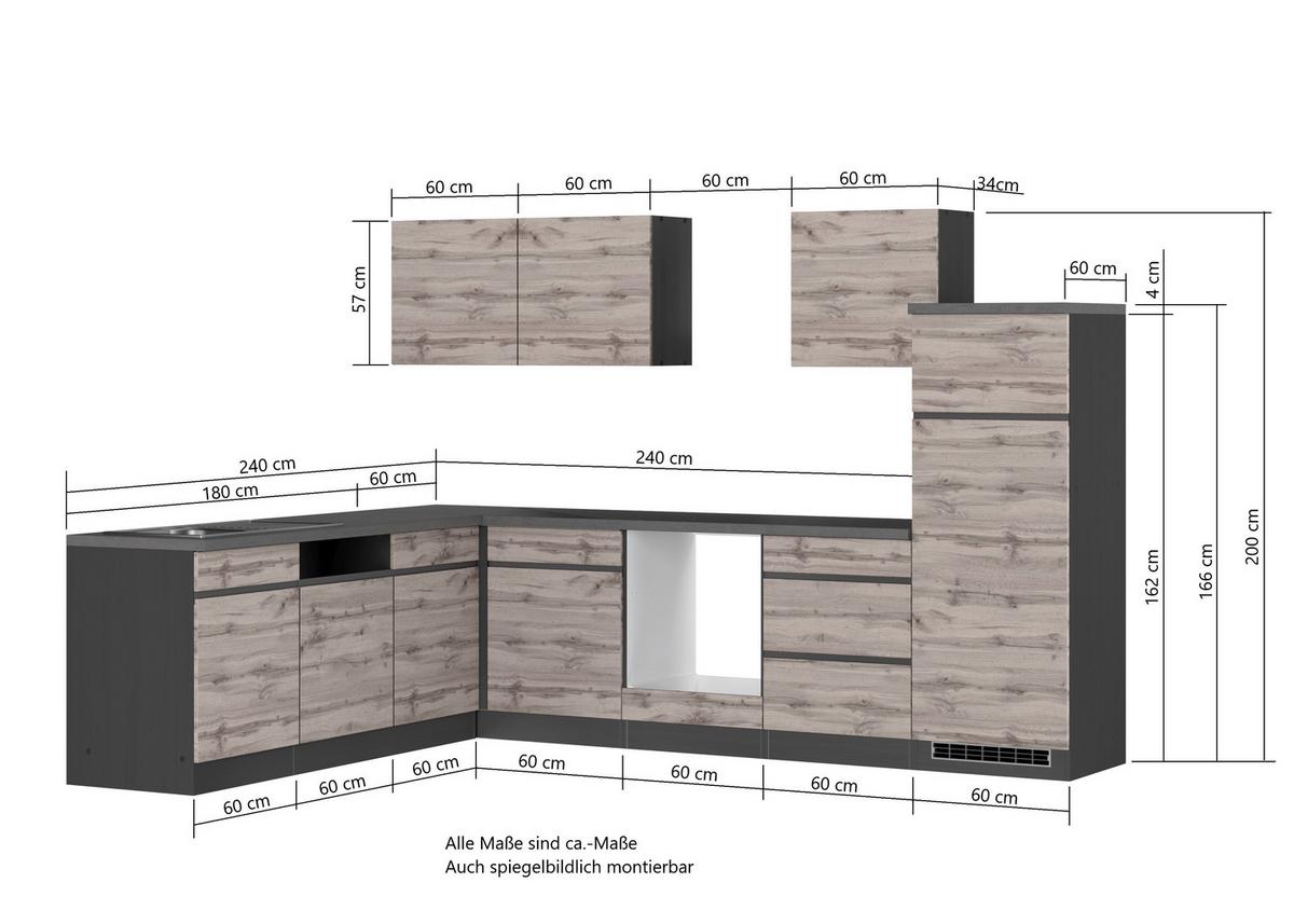 Eckküche Turin ohne Geräte ca. 240x300 cm Graphit/Eiche - Eiche Wotan/Graphitfarben, Design, Holzwerkstoff (240/300cm) - Held