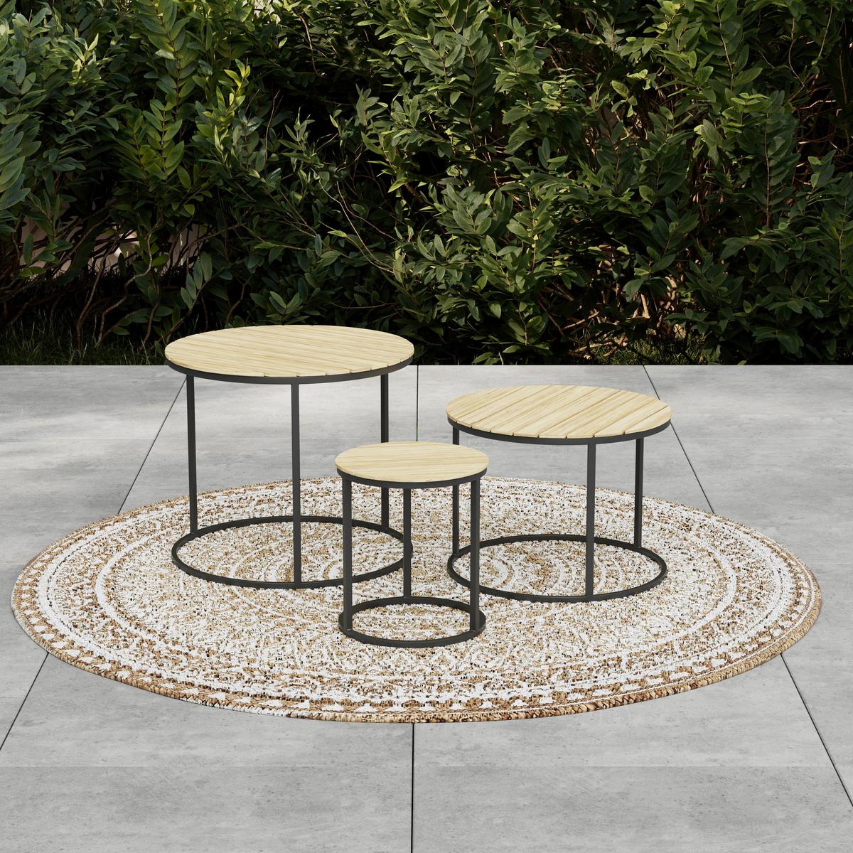 OGRODOWY STOLIK BOCZNY-ZESTAW SALERNO - kolor akacjowy/czarny, Modern, metal/drewno (76/56/36/50/45/40/76/56/36cm) - Ambia Garden