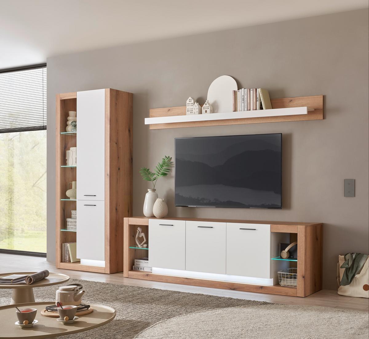 WOHNWAND BRIXEN - Eichefarben/Schwarz, Design, Glas/Holzwerkstoff (298/195/43cm) - MID.YOU