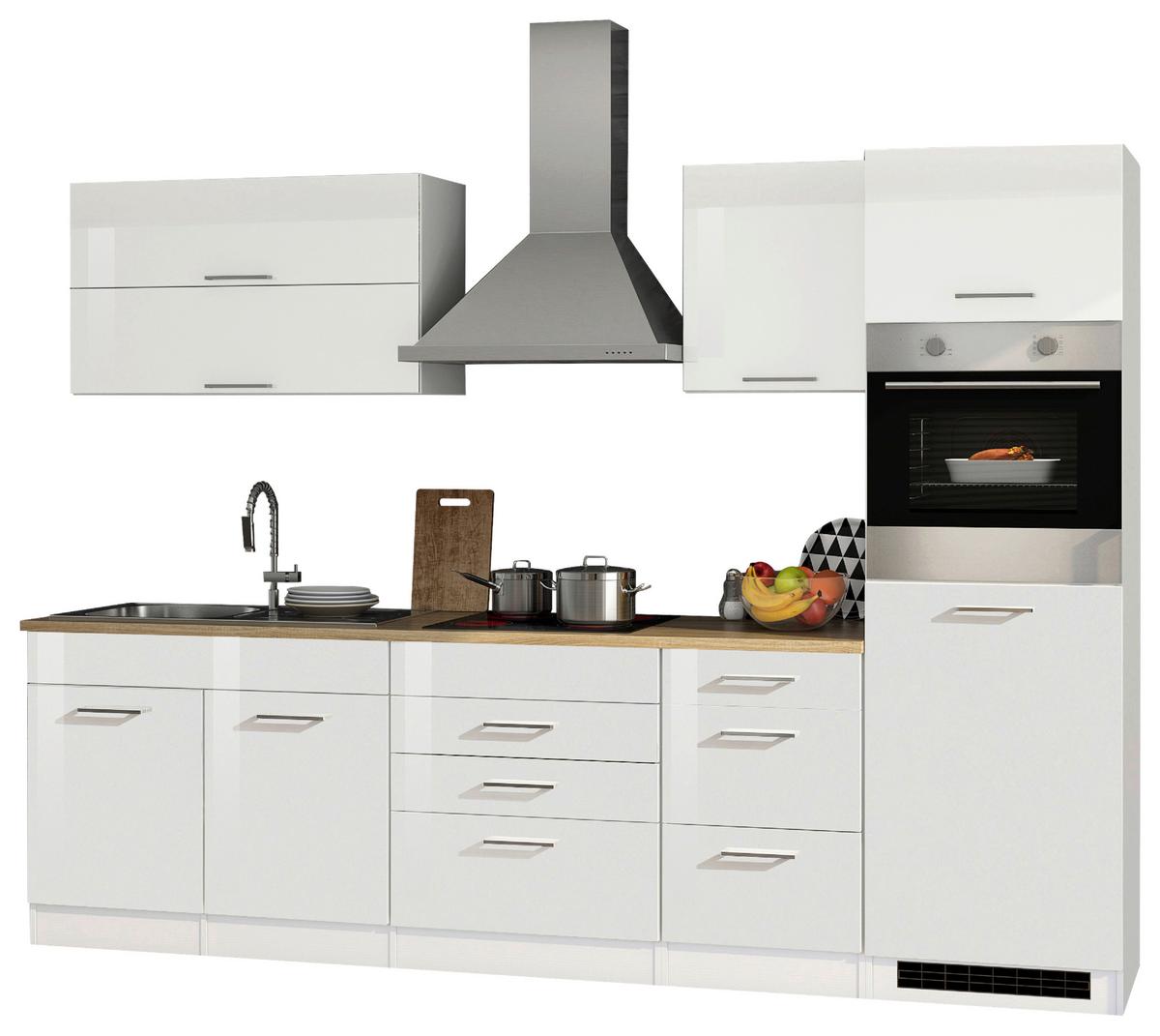 Küchenblock Mailand m. Geräten Weiß Hochglanz - Weiß Hochglanz/Silberfarben, MODERN, Holzwerkstoff/Metall (290cm) - Held