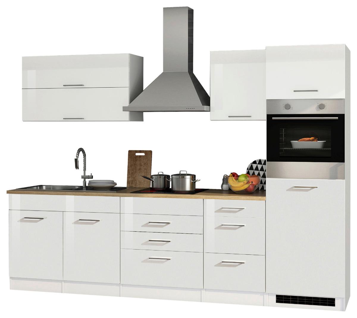 Küchenblock Mailand m. Geräten Weiß Hochglanz - Weiß Hochglanz/Silberfarben, MODERN, Holzwerkstoff/Metall (290cm) - Held