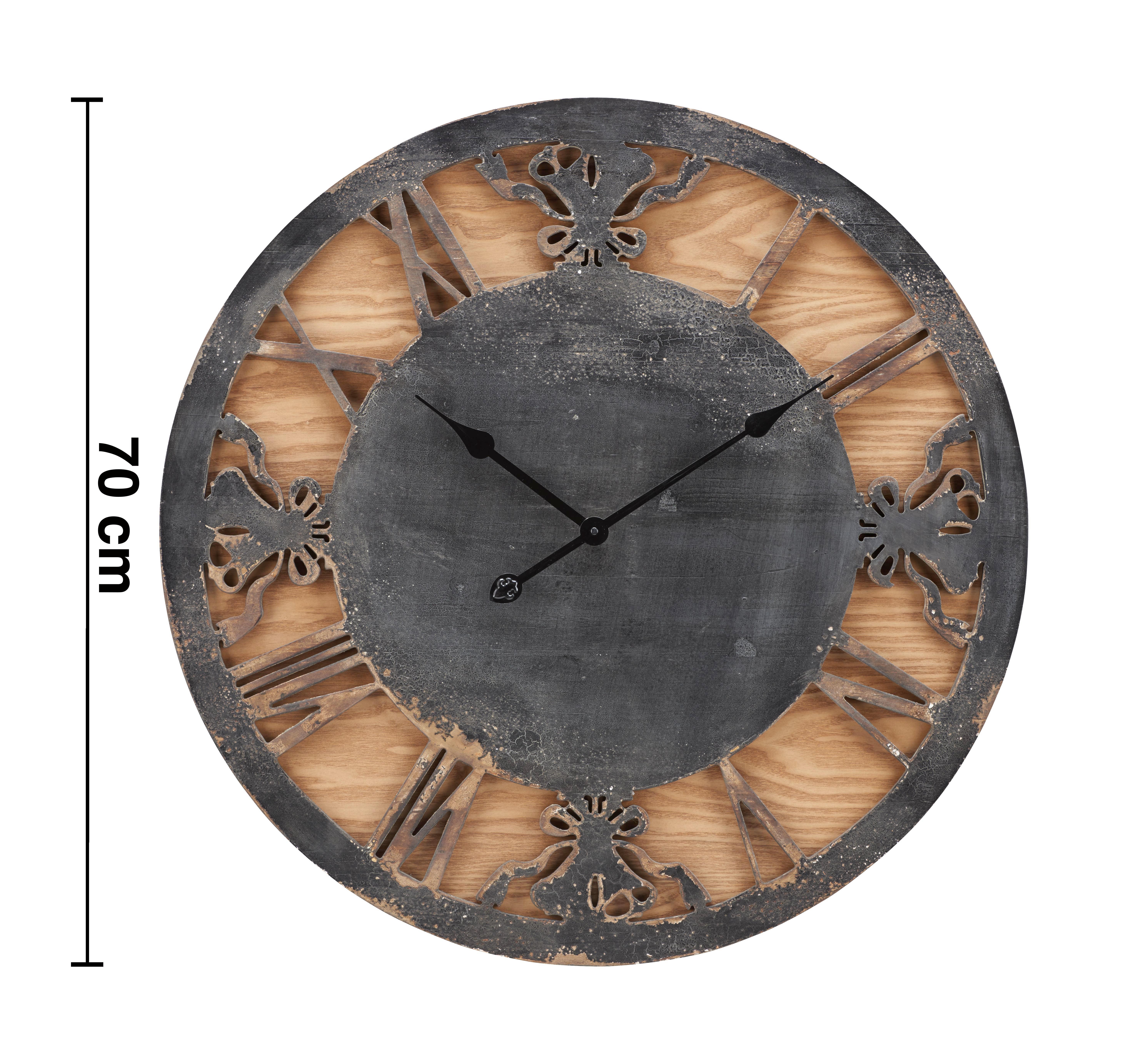 Uhr Kyra in Schwarz/ Natur ca.Ø70cm - Schwarz/Naturfarben, MODERN, Holz/Holzwerkstoff (70/4,5cm) - Bessagi Home