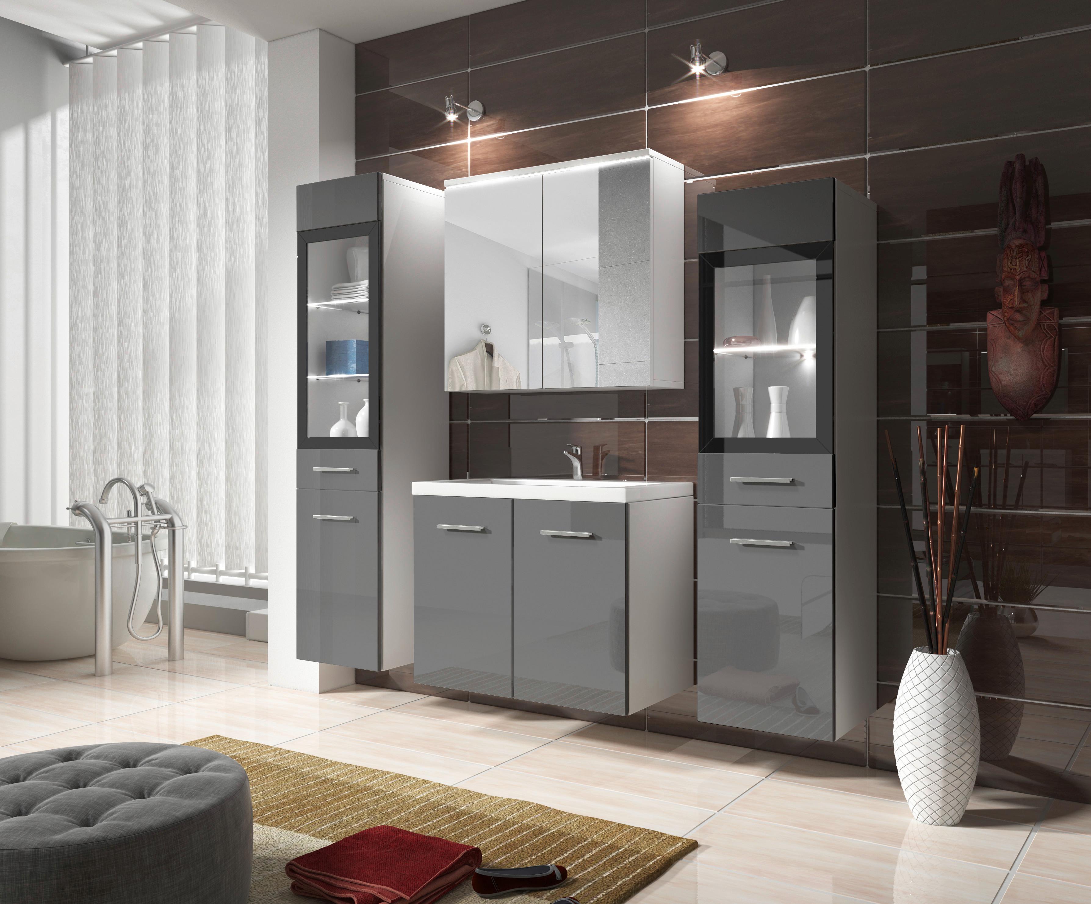 Badmöbel-Set 5-tlg. Madrit mit LED ca. 120 cm Weiß/Grau - Weiß/Grau, Basics, Glas/Holzwerkstoff (120cm) - P & B