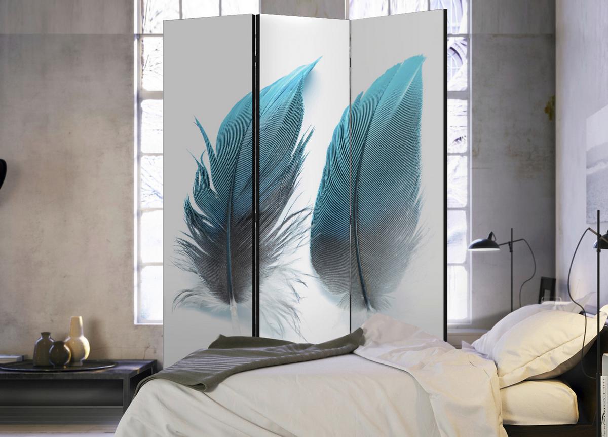 Paravan Blue Feathers, Dvostranski, 3-Delni - svetlo modra/bela, Basics, tekstil/les (135/172cm) - artgeist