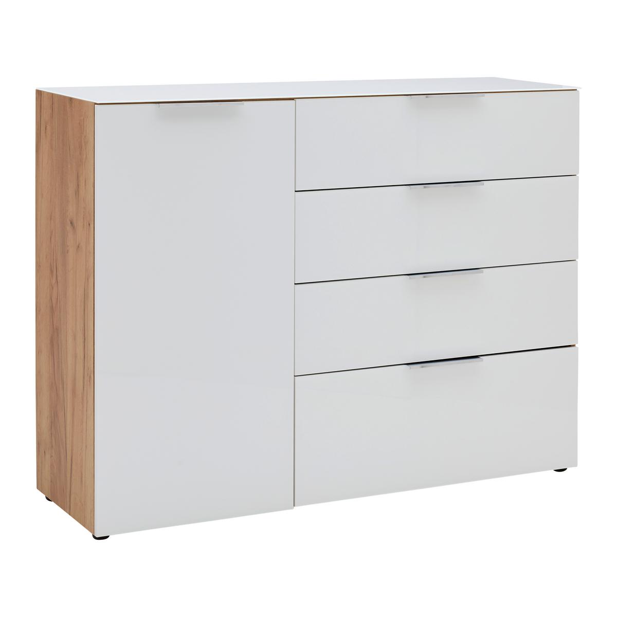 Sideboard Oakland in Weiß/Eichefarben - Chromfarben/Eichefarben, MODERN, Glas/Holzwerkstoff (134/102/42cm) - Premium Living