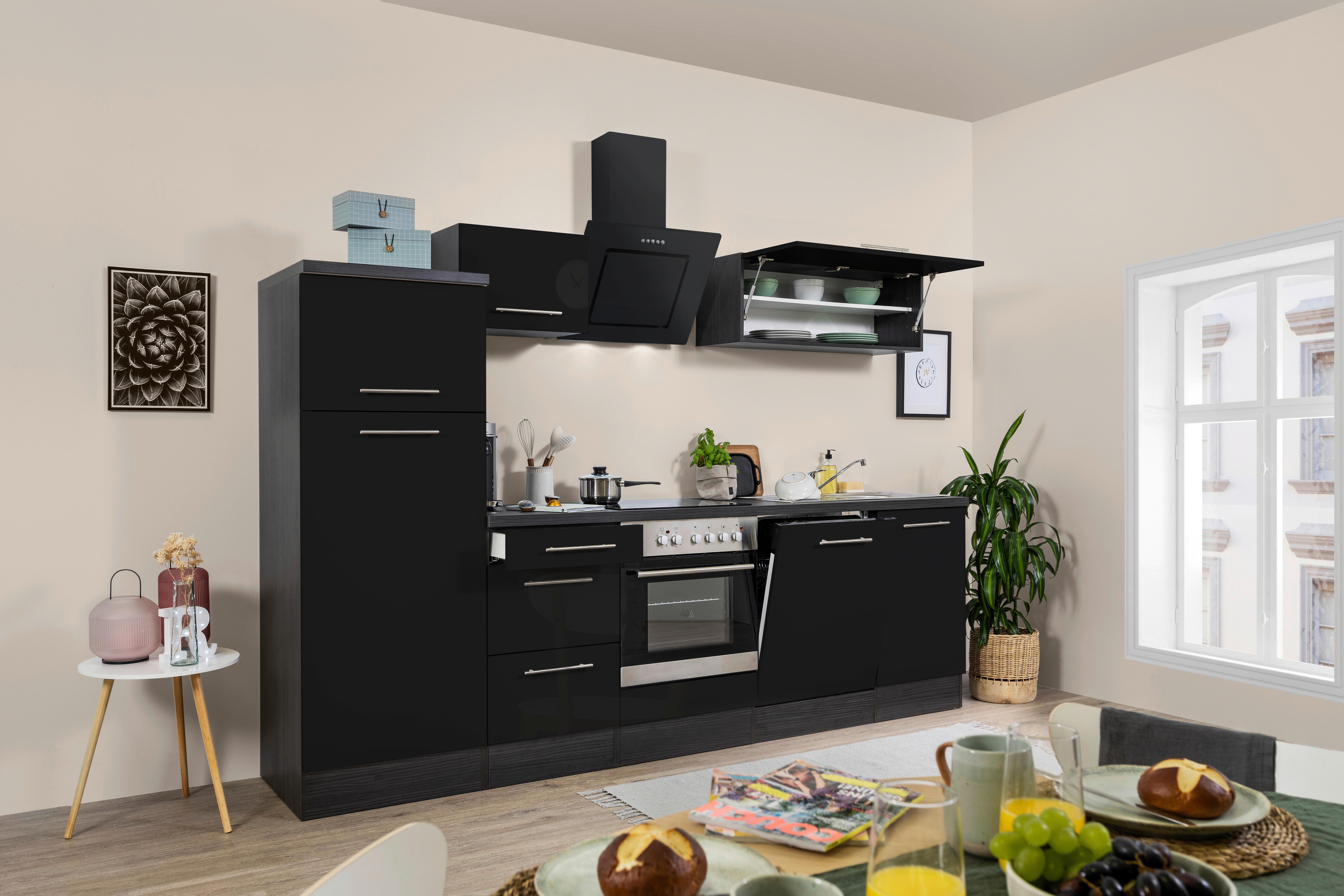 Küchenzeile mit Geräte Schwarz Hochglanz B : ca. 280 cm - Schwarz/Alufarben, KONVENTIONELL, Holzwerkstoff/Metall (280cm) - Respekta
