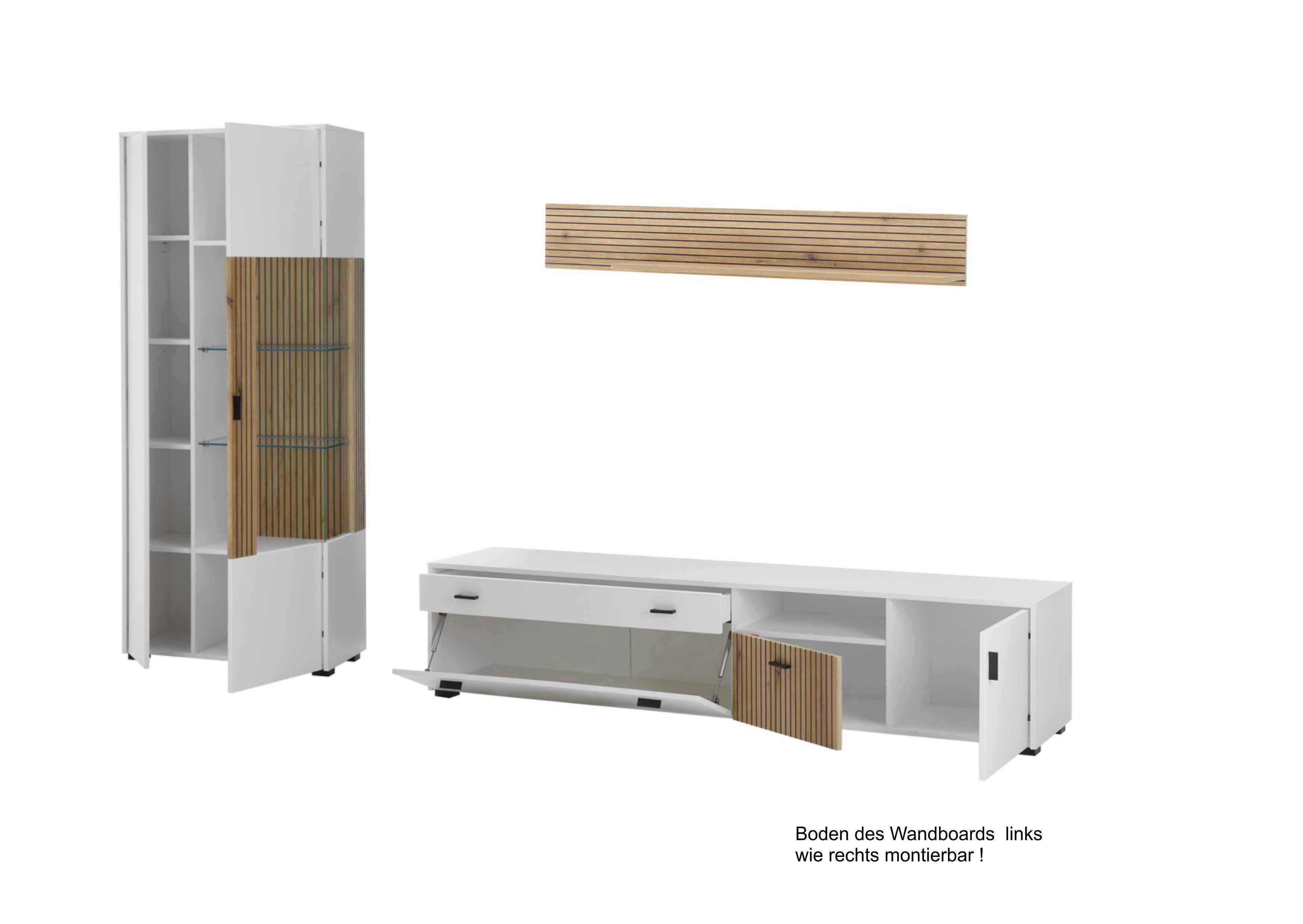 Wohnwand Hudson Weiß/Eichefarben - Eichefarben/Schwarz, Design, Glas/Holzwerkstoff (328/180/42cm) - MID.YOU