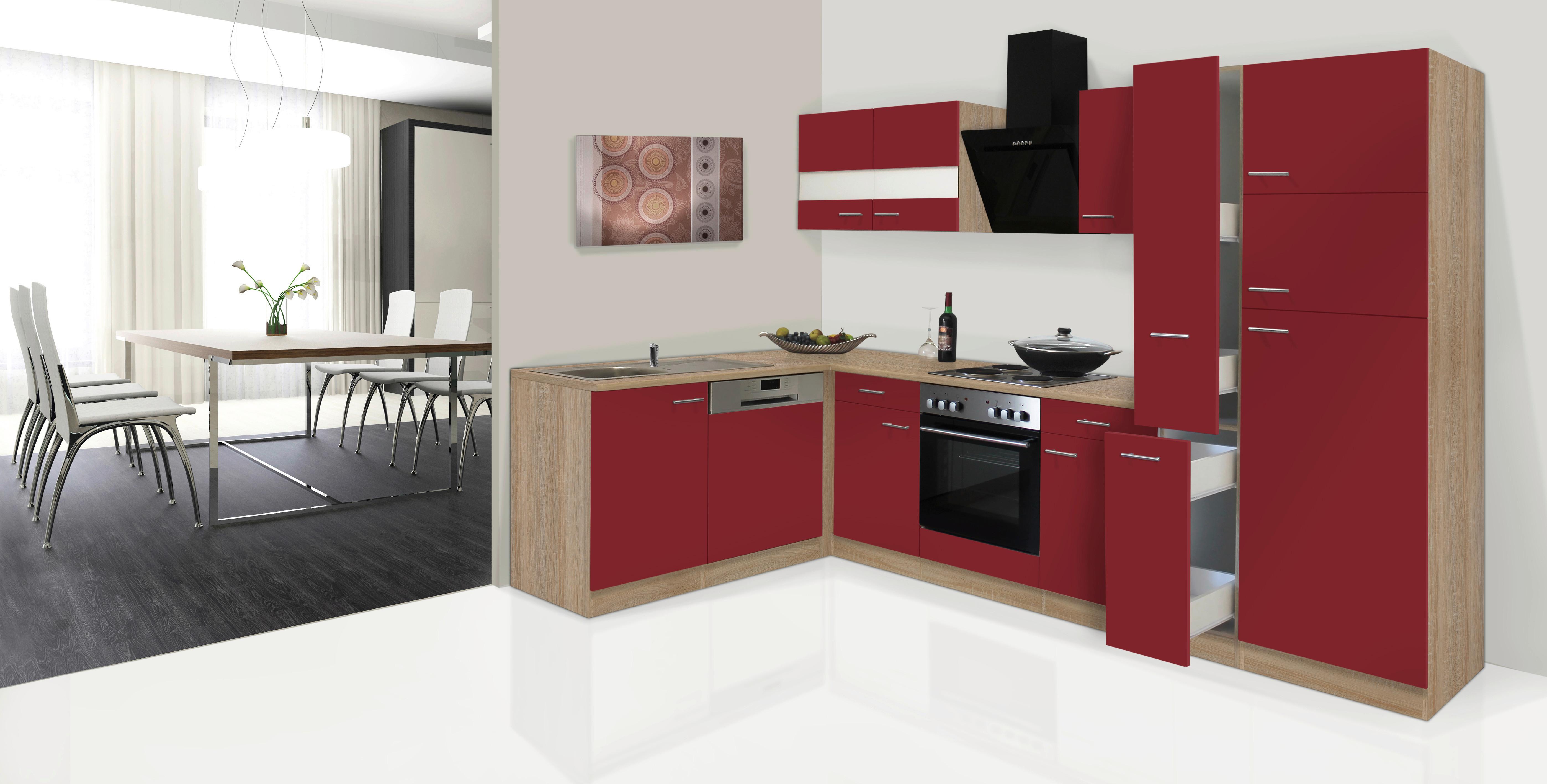 Küchenblock "ECONOMY L 310" , rot,eiche - Eichefarben/Rot, Basics, Glas/Holzwerkstoff (172/310cm) - Respekta