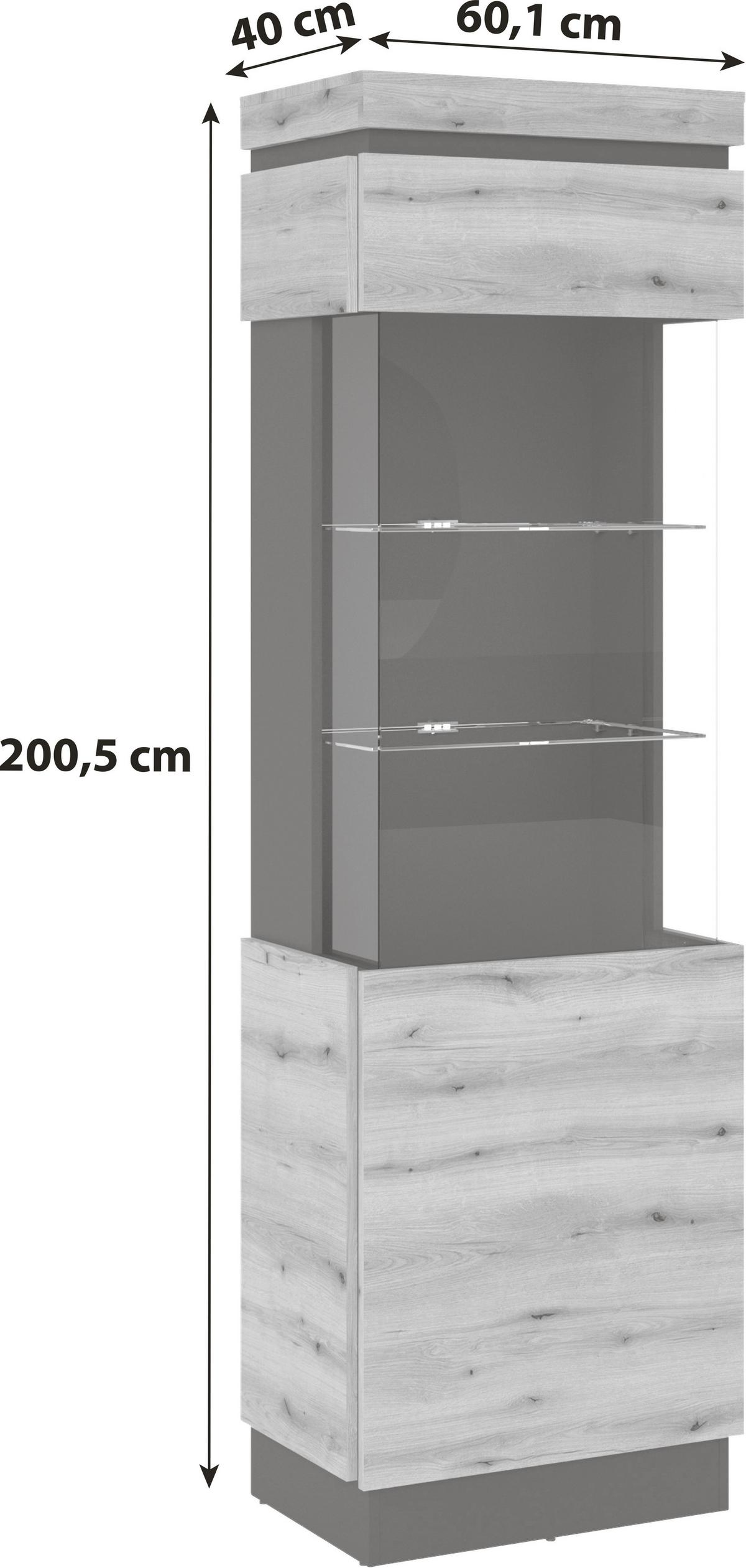 Vitrina Corte - siva/barve hrasta, Trend, umetna masa/steklo (60,1/200,5/40cm)