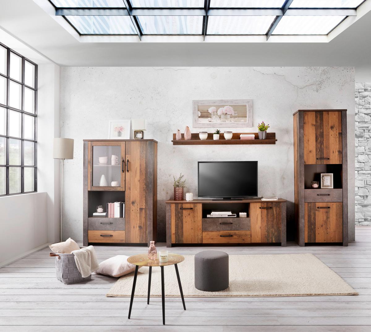 Vitrină Ontario - gri închis/culoare lemn stejar, Trend, sticlă/material pe bază de lemn (105/159/41,5cm) - Modern Living