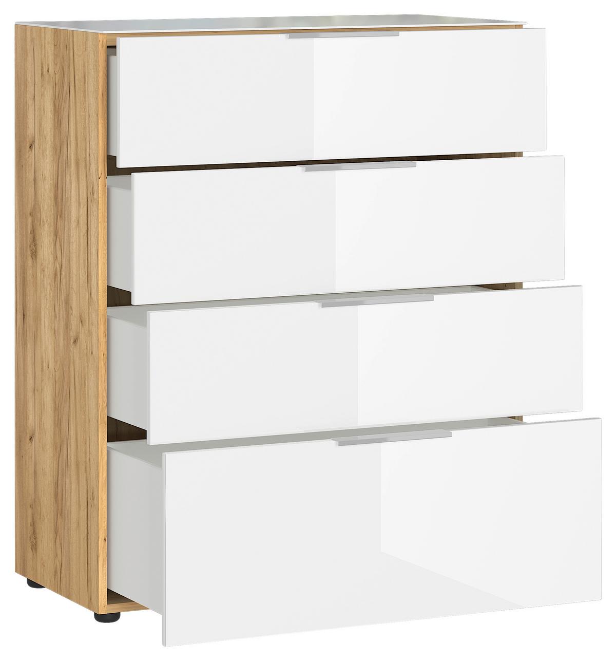 Kommode Oakland in Weiss/Eichefarben - Chromfarben/Weiss, Modern, Glas/Holzwerkstoff (83/102/42cm) - Premium Living