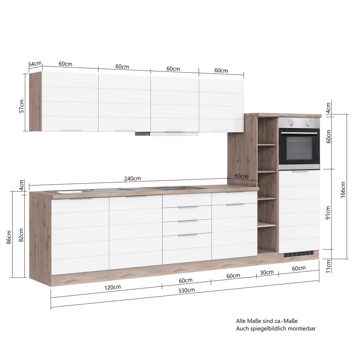 Küchenblock Florenz ohne Geräte ca. 330 cm Weiß/Eiche - Eiche Wotan/Weiß, Design, Holzwerkstoff/Metall (330cm) - Held