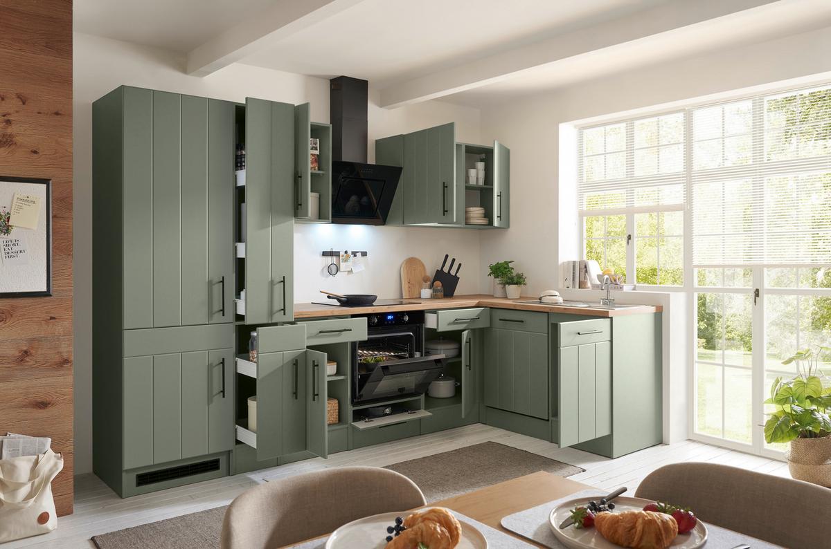 Eckküche Anton m. Geräte ca. 310x172cm Eiche/Schilfgrün - Schilfgrün/Wildeiche, Trend, Holzwerkstoff/Metall (310/172cm) - Respekta