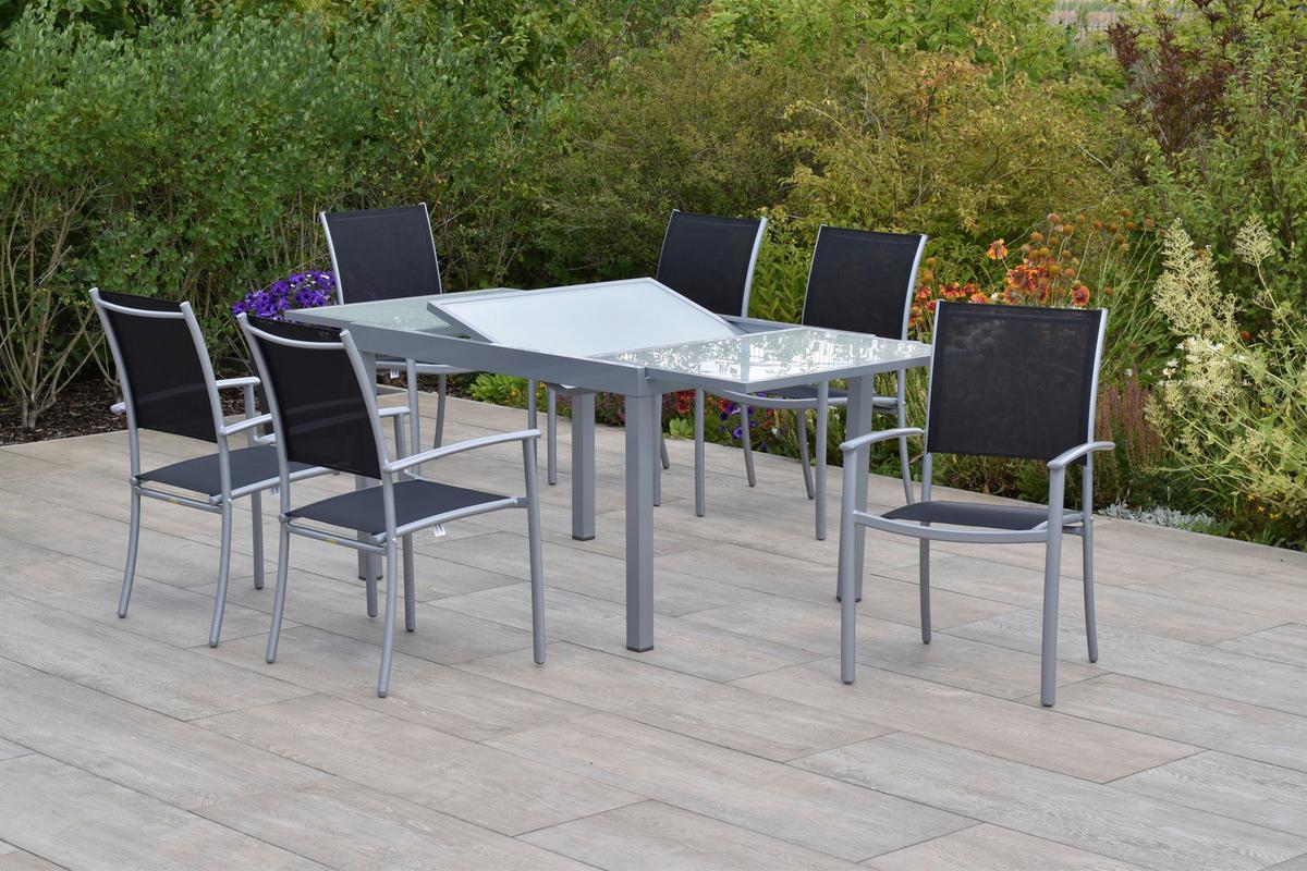 Vrtni Set Milano, 7-delni, Raztegljiva Miza - srebrne barve/črna, Moderno, kovina/tekstil - Gardenson