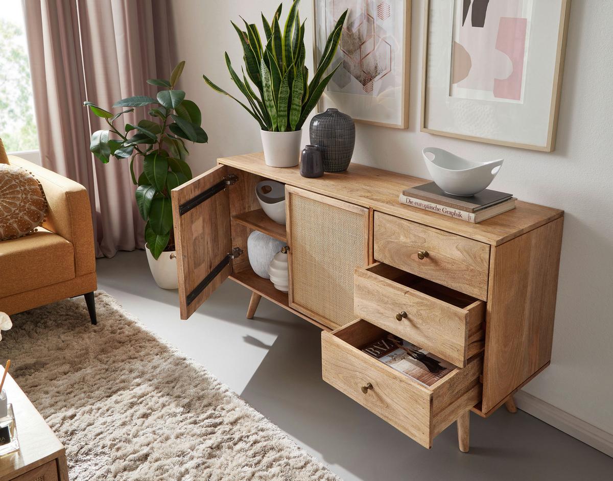 Komoda Mango, Pravi Les - zlate barve/rjava, Design, kovina/les (140/75/40cm) - MID.YOU