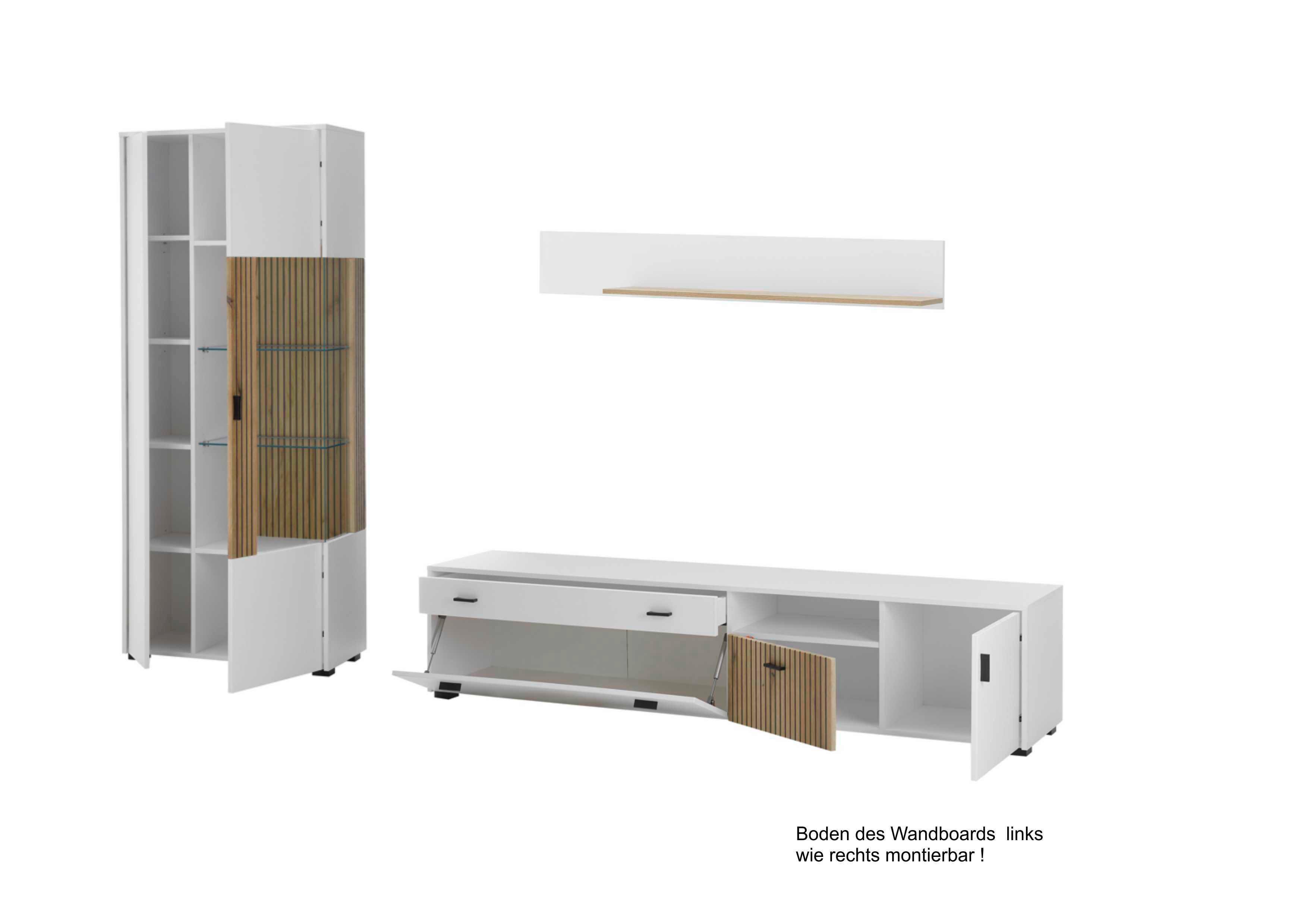 Wohnwand Hudson Weiß/Eichefarben - Eichefarben/Schwarz, Design, Glas/Holzwerkstoff (328/180/42cm) - MID.YOU