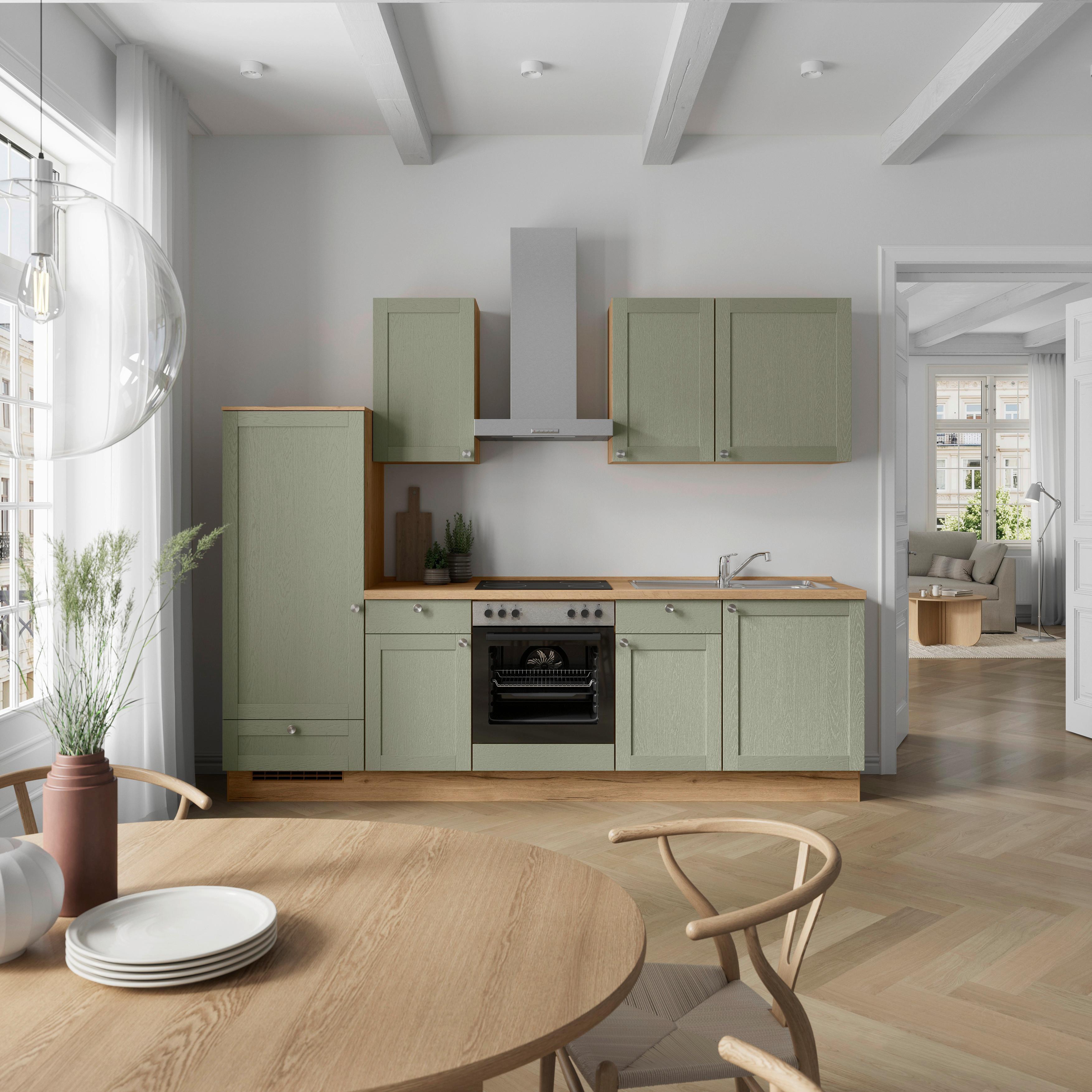 Küchenleerblock Frame Low o. Geräte Olivgrün - Edelstahlfarben/Eichefarben, MODERN, Holzwerkstoff/Metall (270cm) - Nobilia