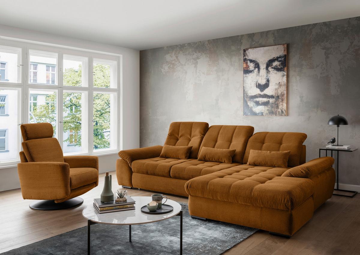 Ecksofa mit Bettkasten Rigatti ca. 314x184 cm Goldfarben - Goldfarben/Schwarz, MODERN, Textil/Metall (314/184cm) - Livetastic