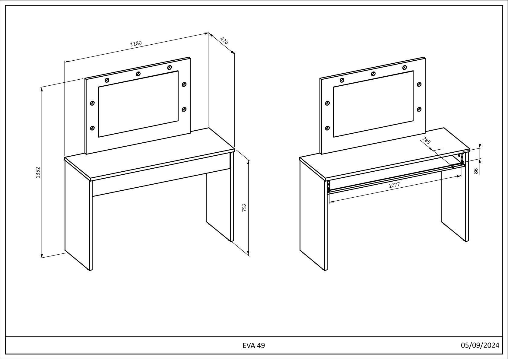 Sminkasztal Eva - fehér, Basics, faalapú anyag/Üveg (118/135/42cm)