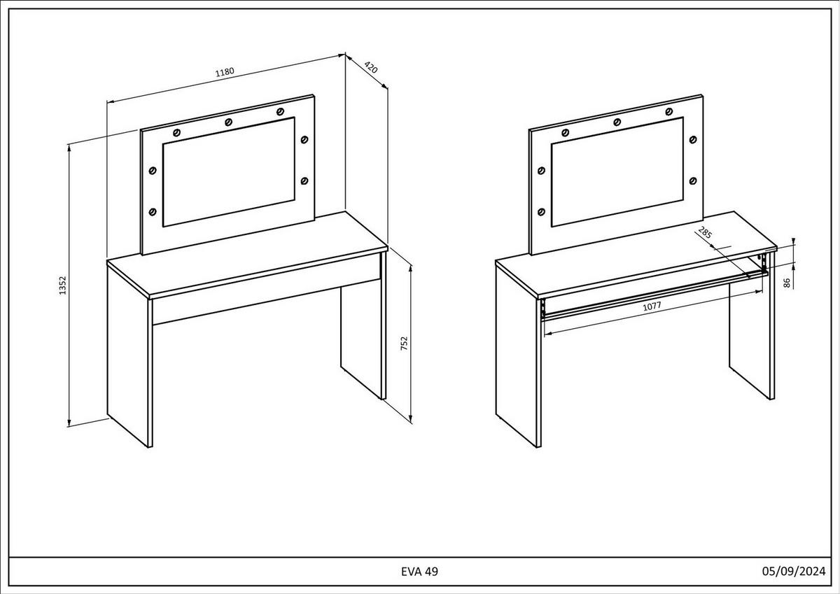 Sminkasztal Eva - fehér, Basics, faalapú anyag/Üveg (118/135/42cm)