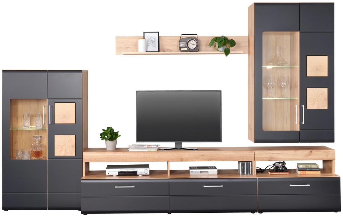 Wohnwand in Schwarz/Eichefarben - Chromfarben/Eichefarben, KONVENTIONELL, Glas/Holzwerkstoff (330/208/52cm) - Mömax