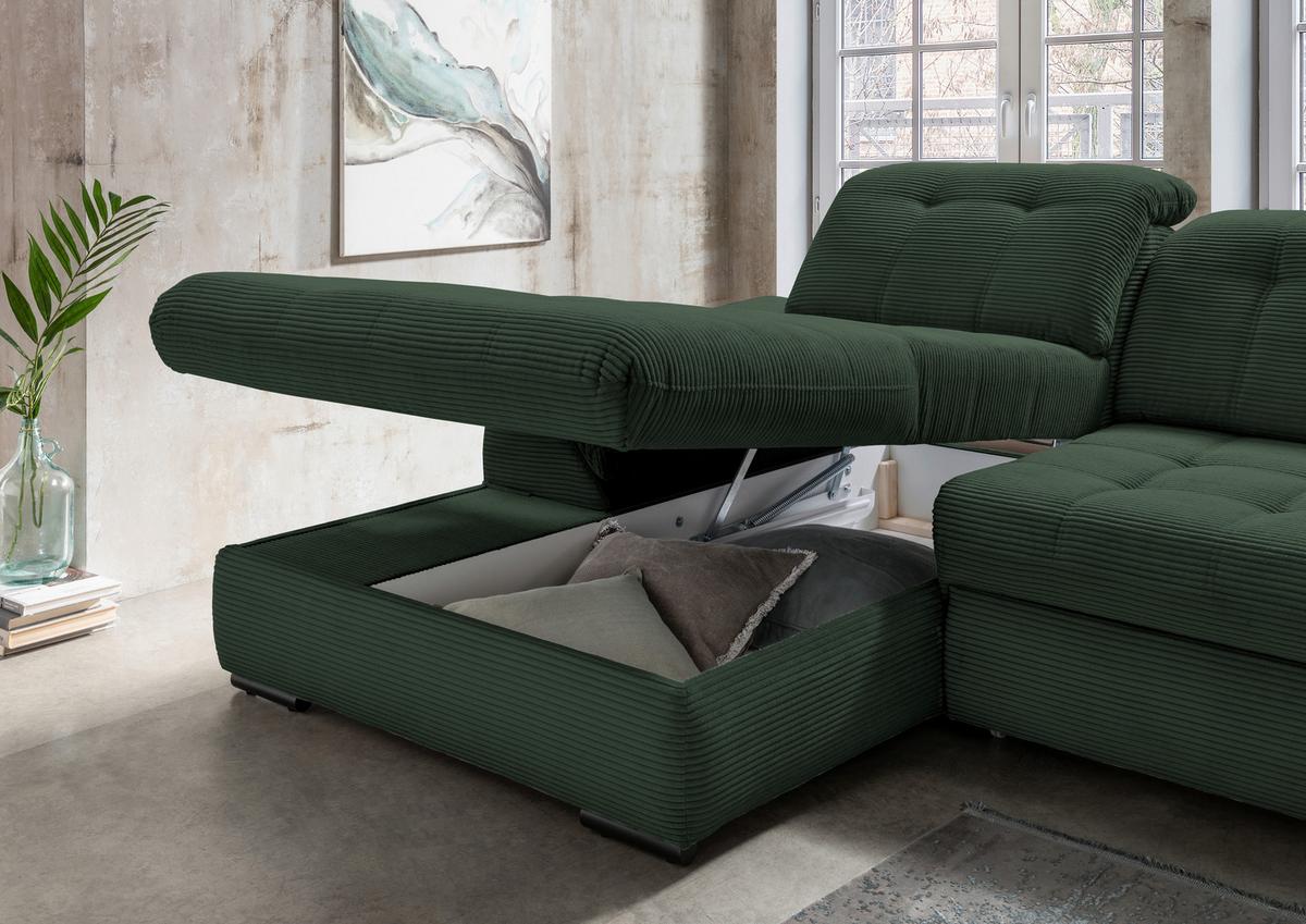 Ecksofa mit Bettkasten Rigatti ca. 184x314 cm Dunkelgrün - Dunkelgrün/Schwarz, MODERN, Textil/Metall (184/314cm) - Livetastic