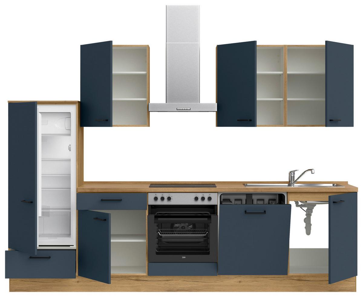 Küchenblock Easytouch Low m. Geräten Dunkelblau - Eichefarben/Schwarz, MODERN, Holzwerkstoff/Metall (300cm) - Nobilia