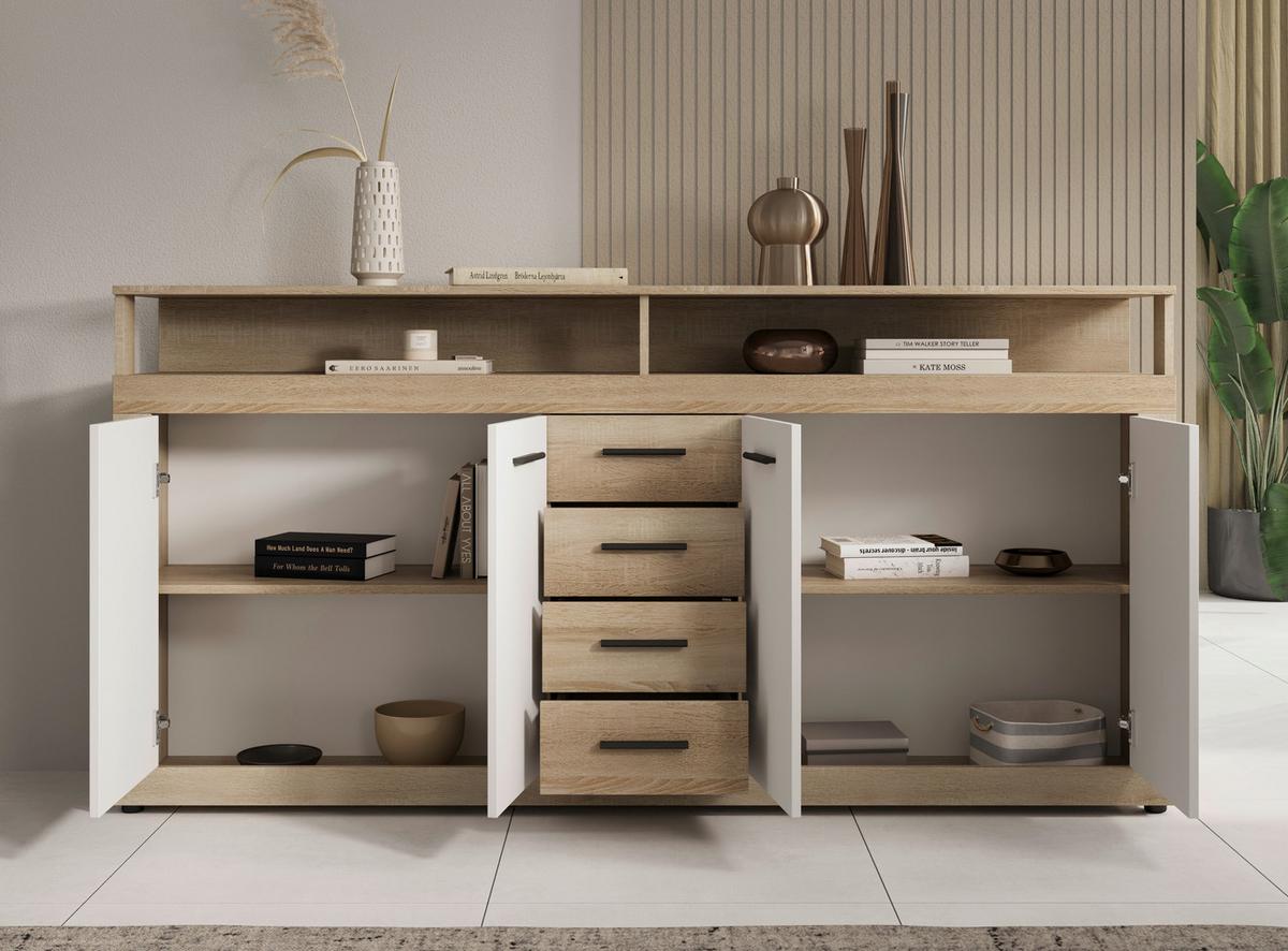 Široka Komoda Lupo, Bela, Barva Hrasta - bela/hrast sonoma, Design, umetna masa/leseni material (190/96/32cm) - MID.YOU
