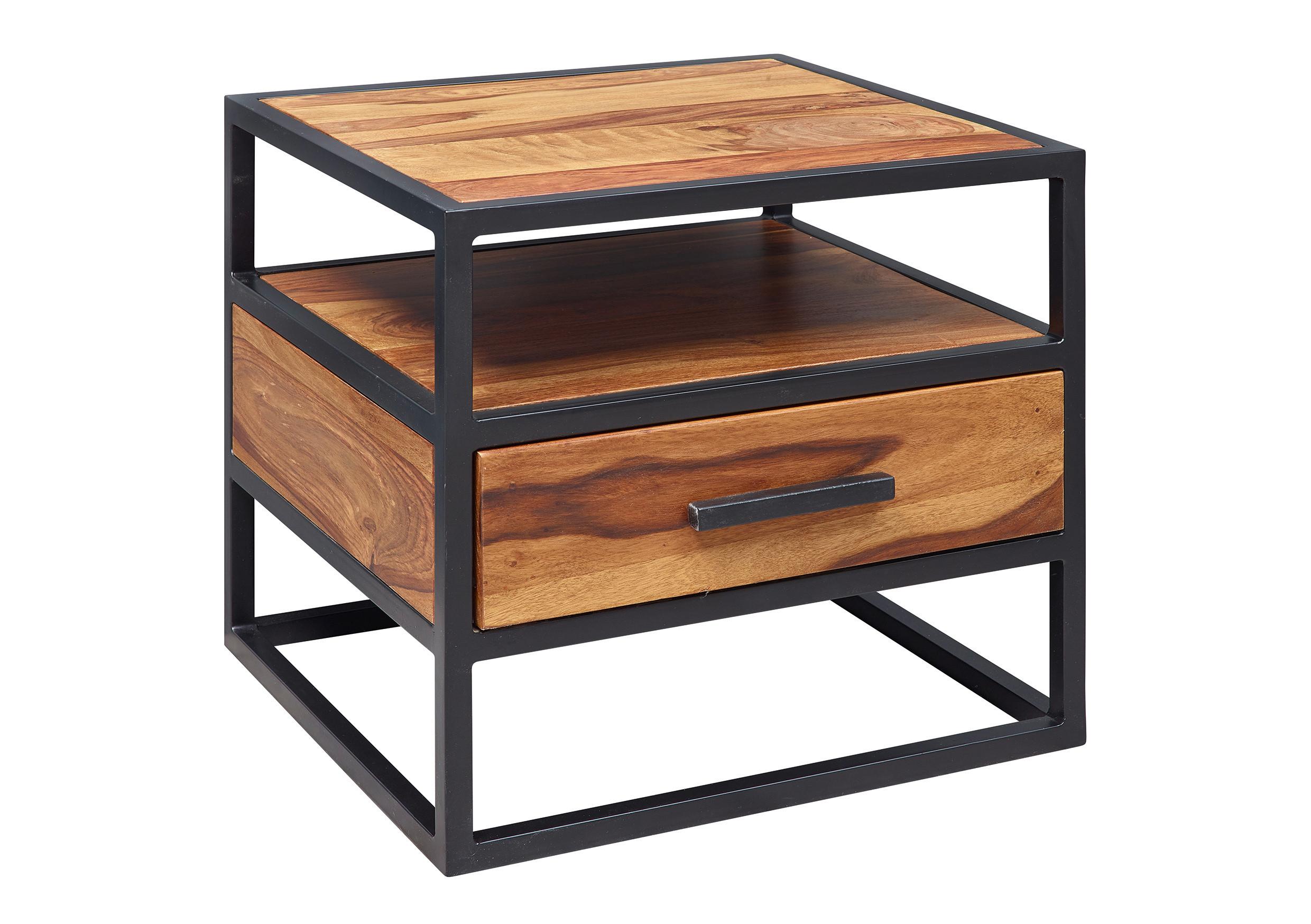 Nachtkästchen "WL5.624", aus Sheesham - Sheeshamfarben/Schwarz, MODERN, Holz/Metall (50/45/45cm) - MID.YOU