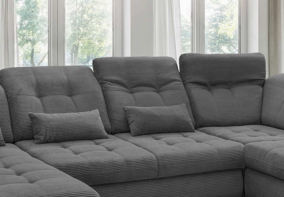 Wohnlandschaft Rigatti Grau Cord mit Bettkasten - Schwarz/Grau, MODERN, Textil/Metall (184/387/252cm) - Livetastic