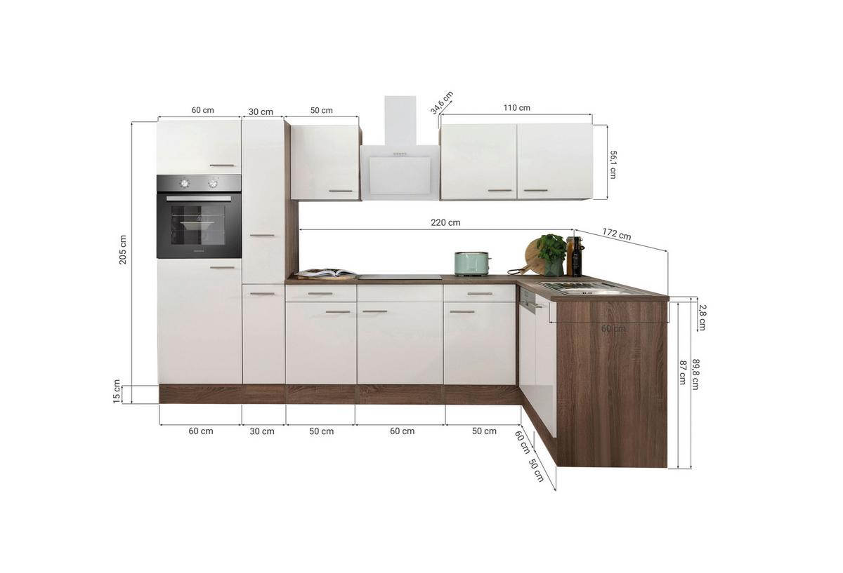 Eckküche Oliver mit Geräten ca. 310x172 cm Grau - Eichefarben/Grau, Basics, Holzwerkstoff/Metall (310/172cm) - Respekta