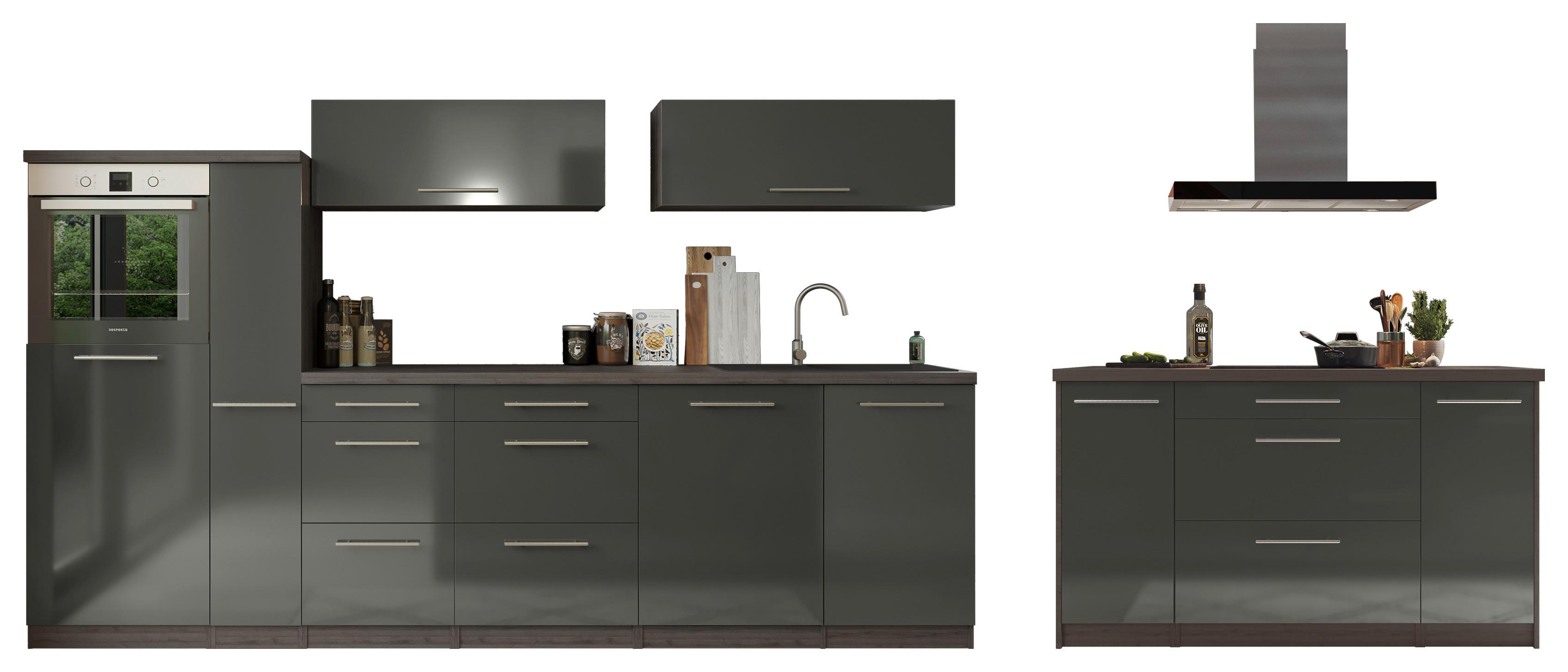 Inselküche Premium Grau mit Geräten B: ca. 310 cm - Grau, Basics, Holzwerkstoff/Metall (310/160cm) - Respekta