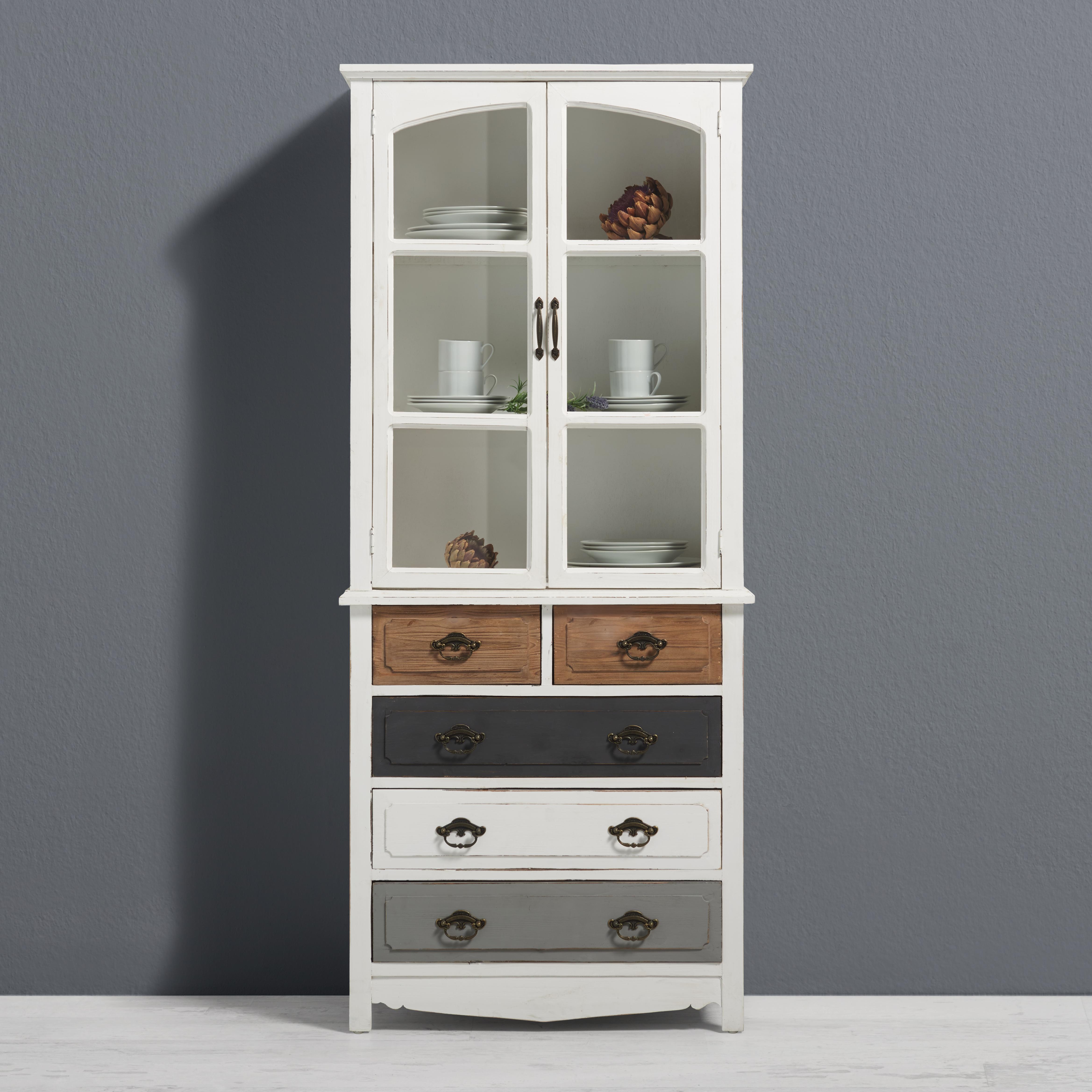 Kredenz aus Tanne in Grau/Braun/Weiß 'Florina' - Braun/Weiß, MODERN, Glas/Holz (75,5/175/32cm) - Bessagi Home