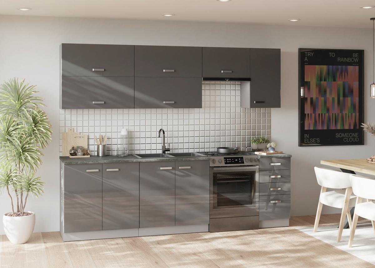 Blok Kuhinja Grey - siva visoki sjaj/boja hroma, Moderno, metal/pločasti materijal (260/214/60cm) - Modern Living