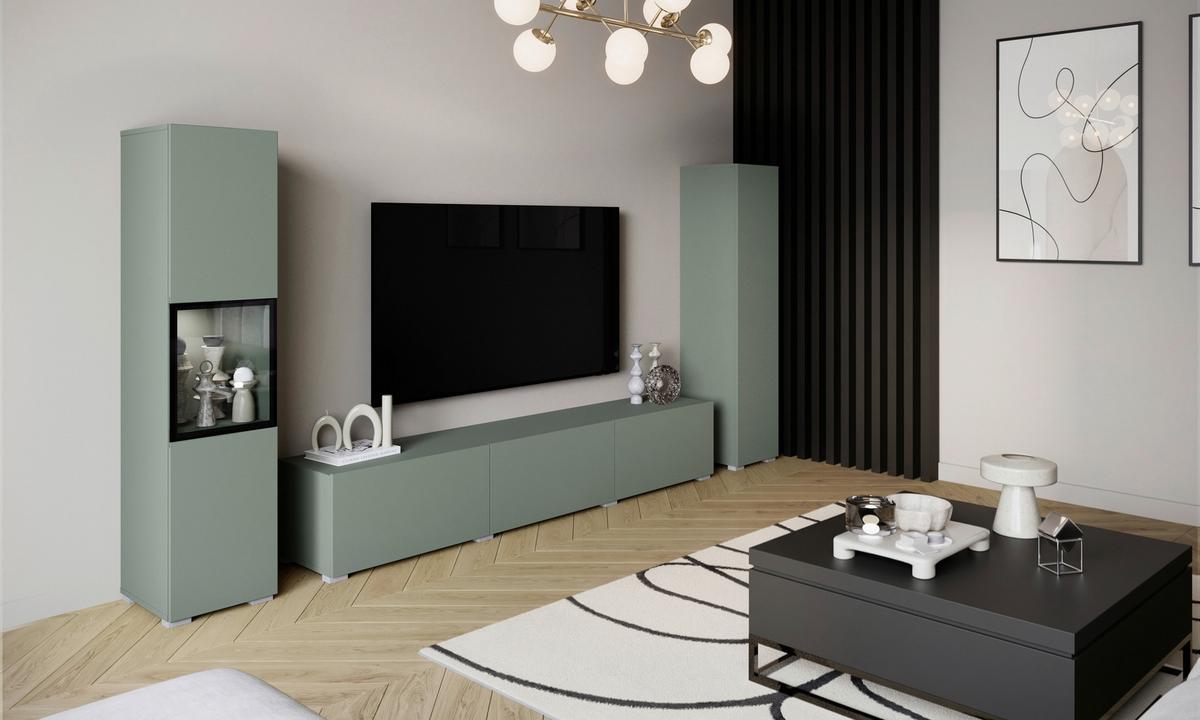 Ansamblu mobilier cameră de zi BERLIN - verde salvie, Design, sticlă/material pe bază de lemn (240/130/31cm) - P & B