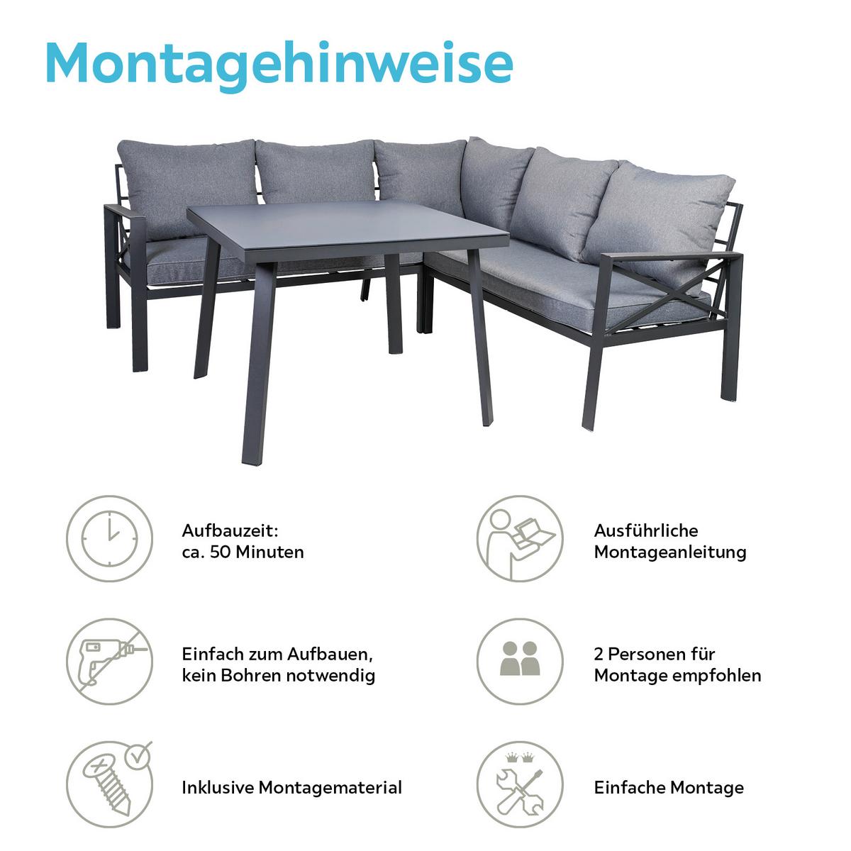 Loungegarnitur 4-tlg Amsterdam aus Aluminium mit Glasplatte - Anthrazit, Basics, Glas/Textil (131,5/77/72cm) - Gardenson