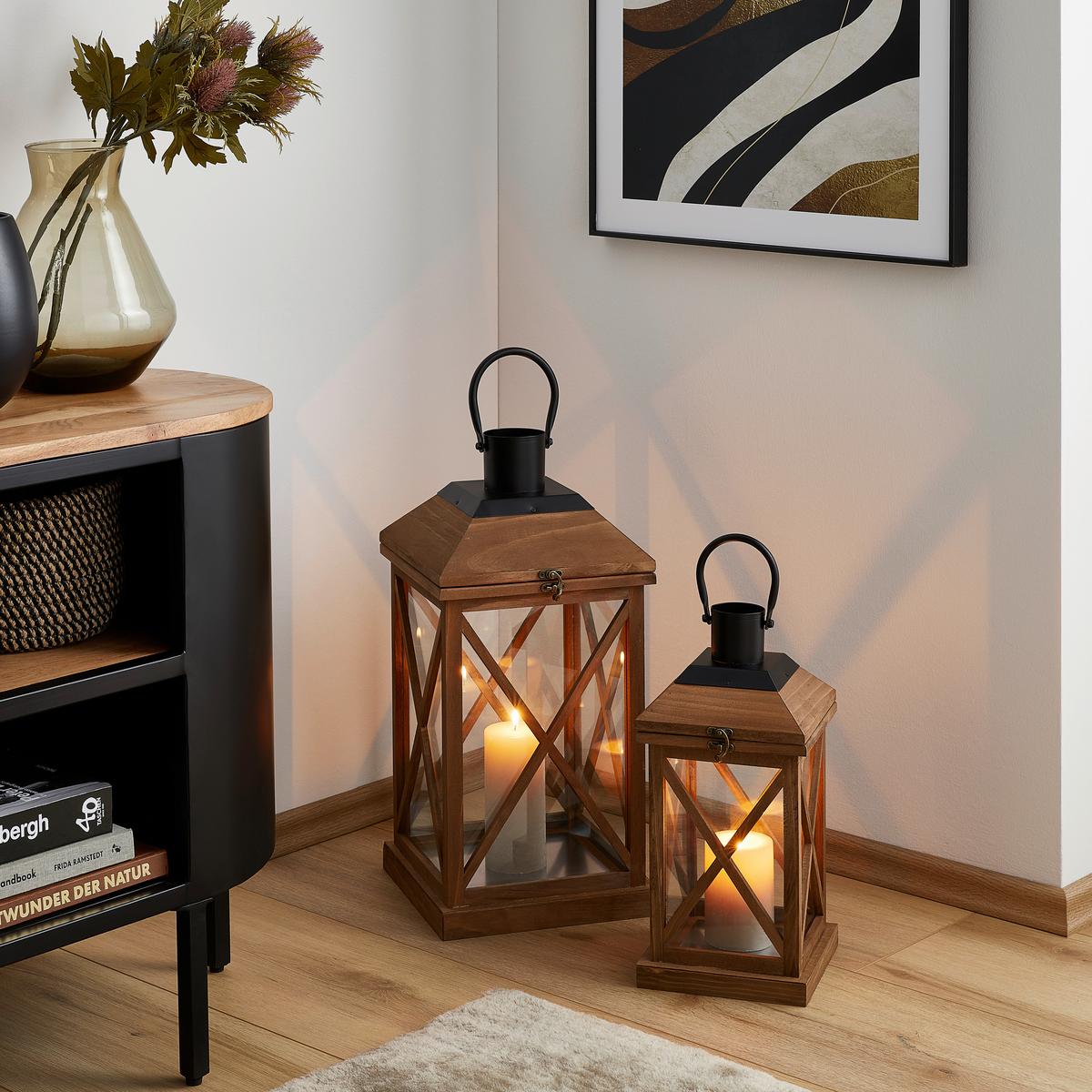 LATARNIA ML-3695S - czarny/brązowy, Lifestyle, metal/drewno (17/36/17cm) - Ambia Home