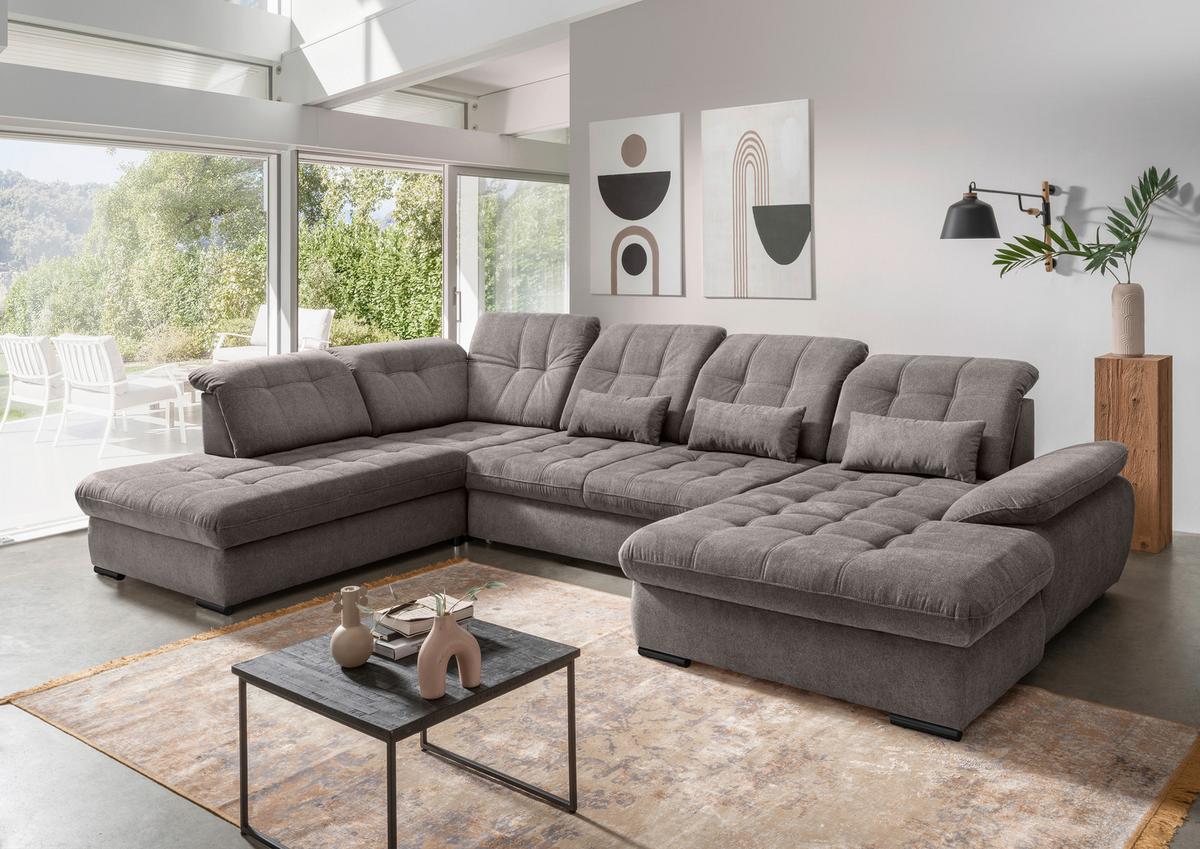 Wohnlandschaft Rigatti Grau- Braun Chenille mit Bettkasten - Graubraun/Schwarz, MODERN, Textil/Metall (252/387/184cm) - Livetastic