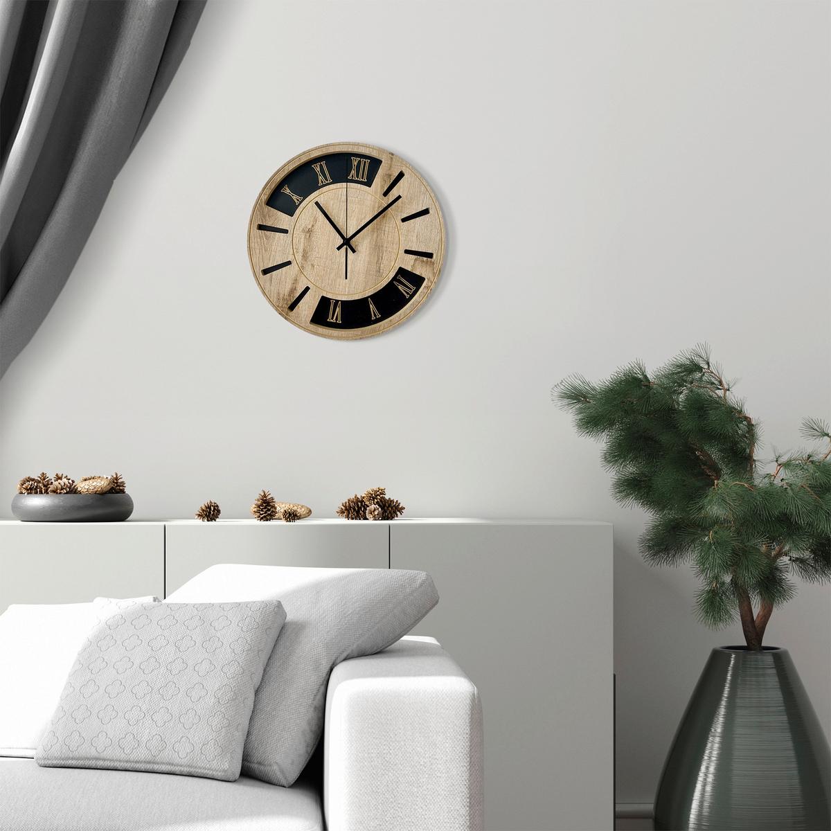 Wanduhr Schwarz/Eichefarben Ø ca. 36cm - Eichefarben/Schwarz, Basics, Holz/Kunststoff (36cm)