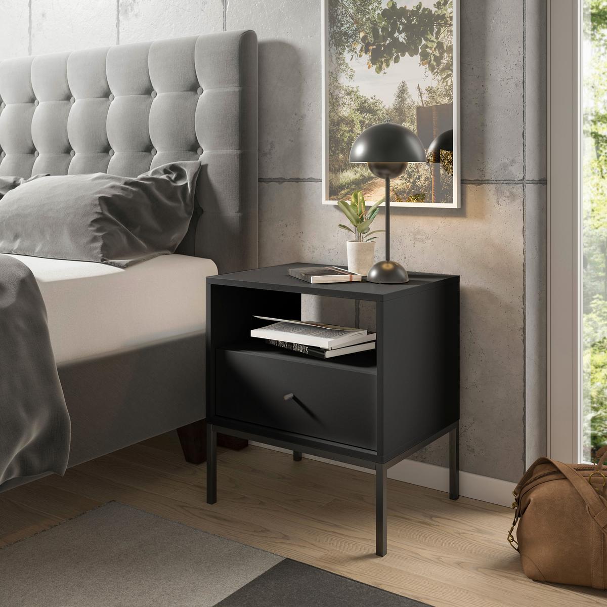 SZAFKA NOCNA INES - czarny/kolor grafitowy, Modern, materiał drewnopochodny/metal (54/56/39cm) - MID.YOU