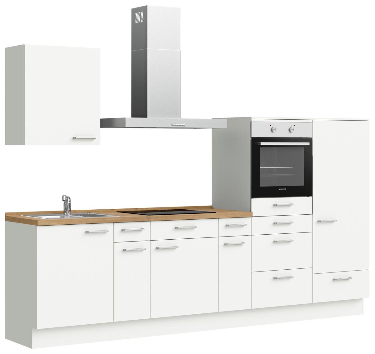 Küchenblock Touch Low m. Geräten Weiß - Edelstahlfarben/Eichefarben, MODERN, Holzwerkstoff/Metall (300cm) - Nobilia