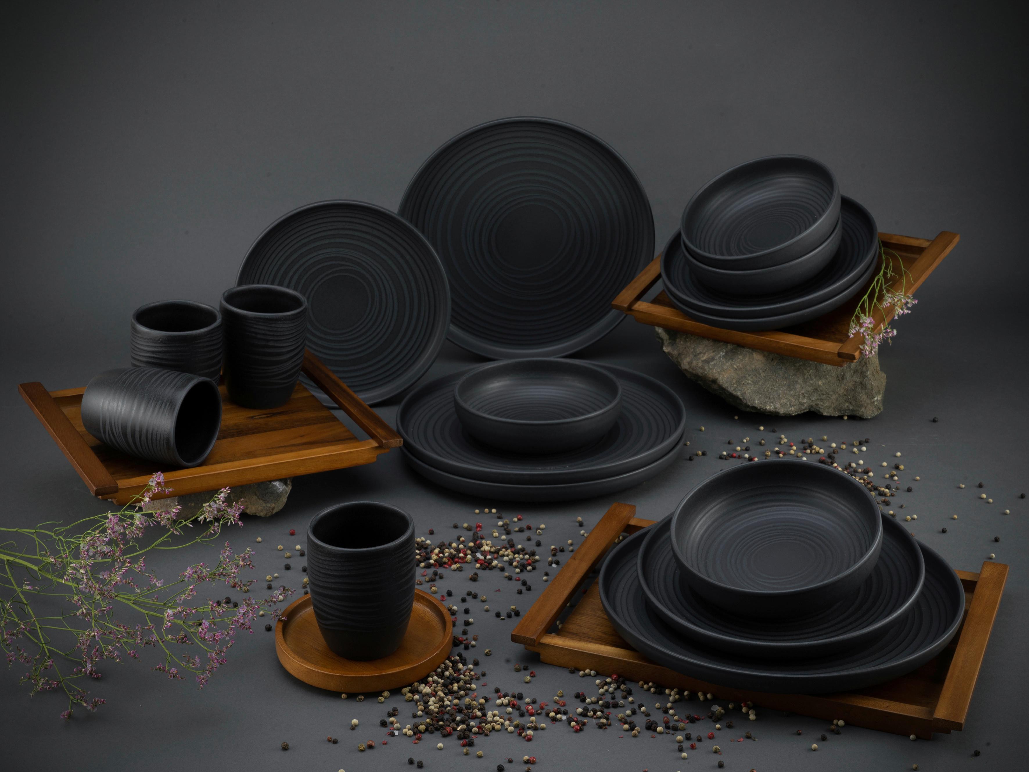 SERWIS OBIADOWO-ŚNIADANIOWY UNO LAVA STONE - czarny, Modern, ceramika (40,5/37/49,5cm) - Creatable