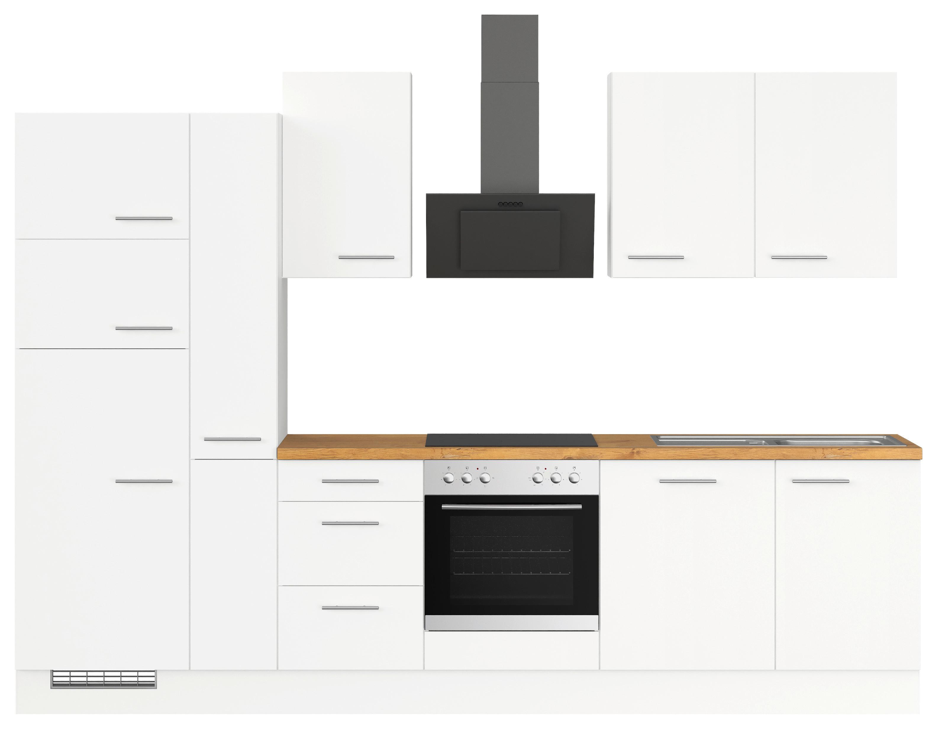 Küchenblock inkl. 5 E-Geräte IP1200 Weiß - Eichefarben/Silberfarben, Trend, Holzwerkstoff/Metall (310cm) - Impuls