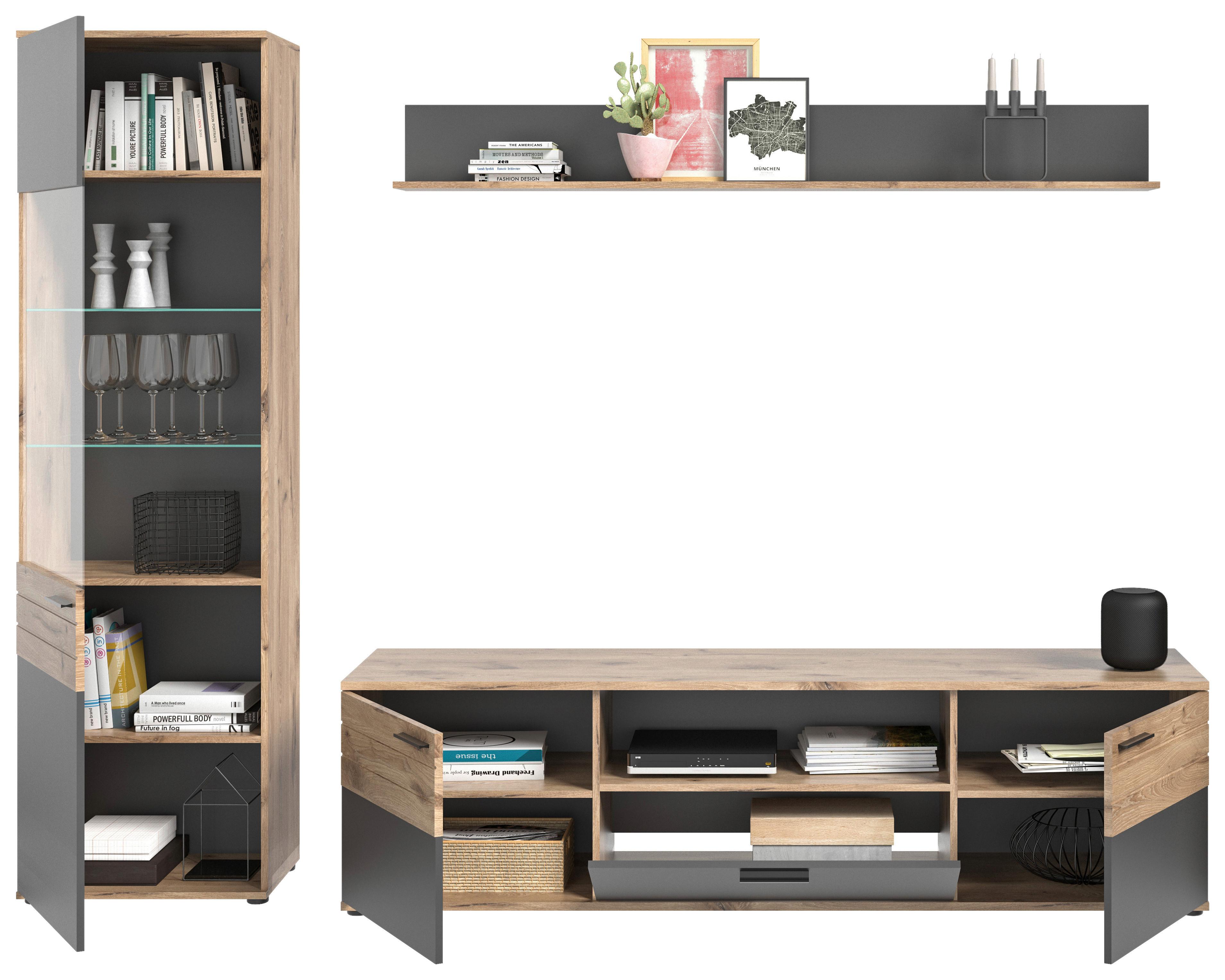 Dnevni Regal Mason, 3-Delno, Siva, Barva Hrasta - siva/črna, Konvencionalno, umetna masa/steklo (266/200/47cm) - MID.YOU