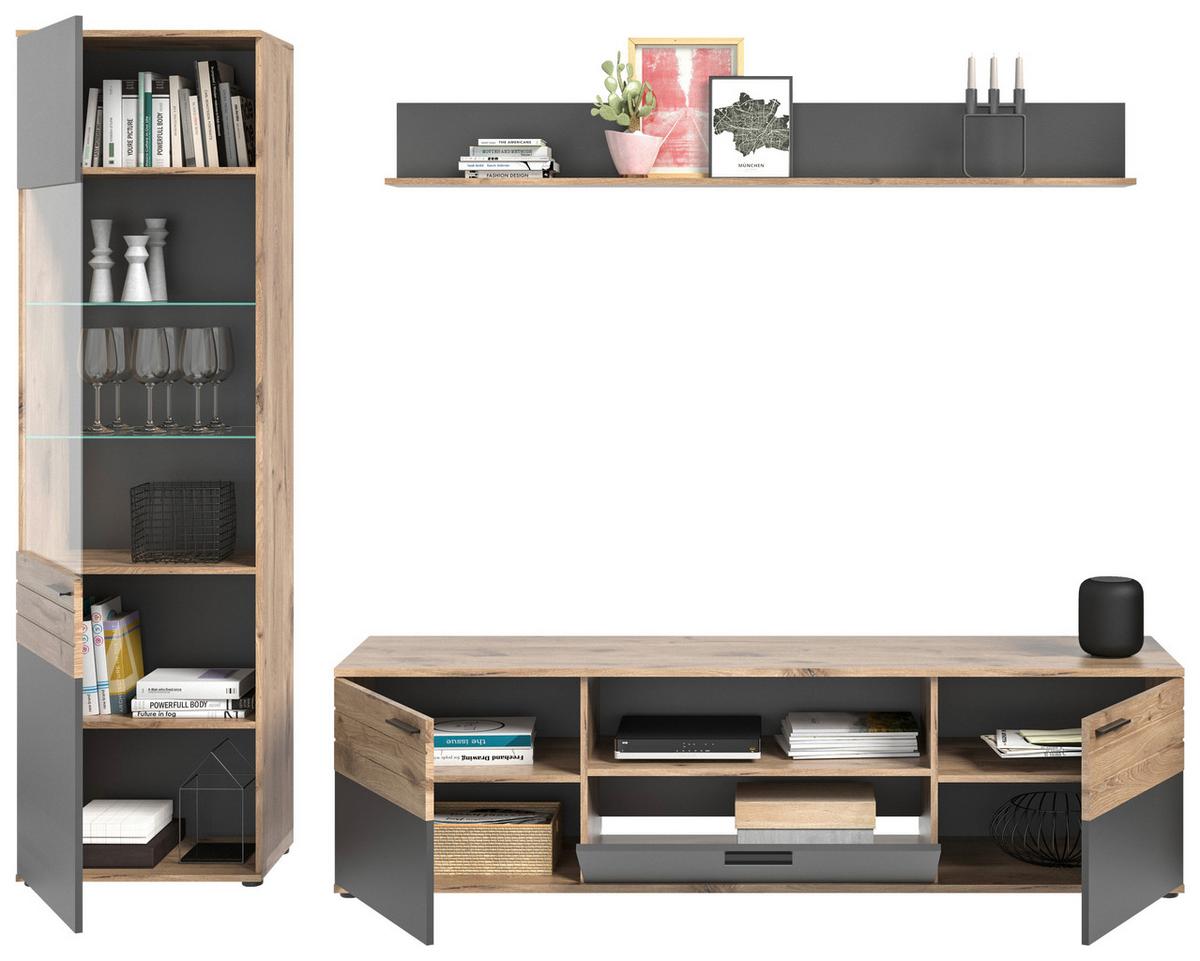 Dnevni Regal Mason, 3-Delno, Siva, Barva Hrasta - siva/črna, Konvencionalno, umetna masa/steklo (266/200/47cm) - MID.YOU