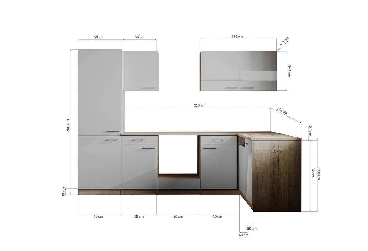 Eckküche Merle o. Geräte ca. 280x172cm Schwarz - Edelstahlfarben/Eichefarben, Basics, Holzwerkstoff/Metall (280/172cm) - Respekta
