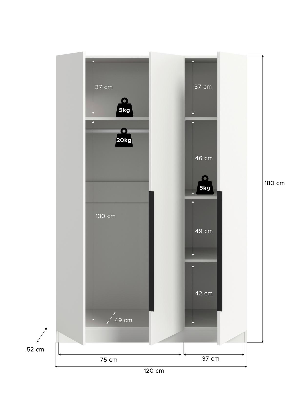 Drehtürenschrank KOPENHAGEN ca.120x181x52cm Weiß - Schwarz/Weiß, MODERN, Holzwerkstoff (120/181/52cm) - MID.YOU
