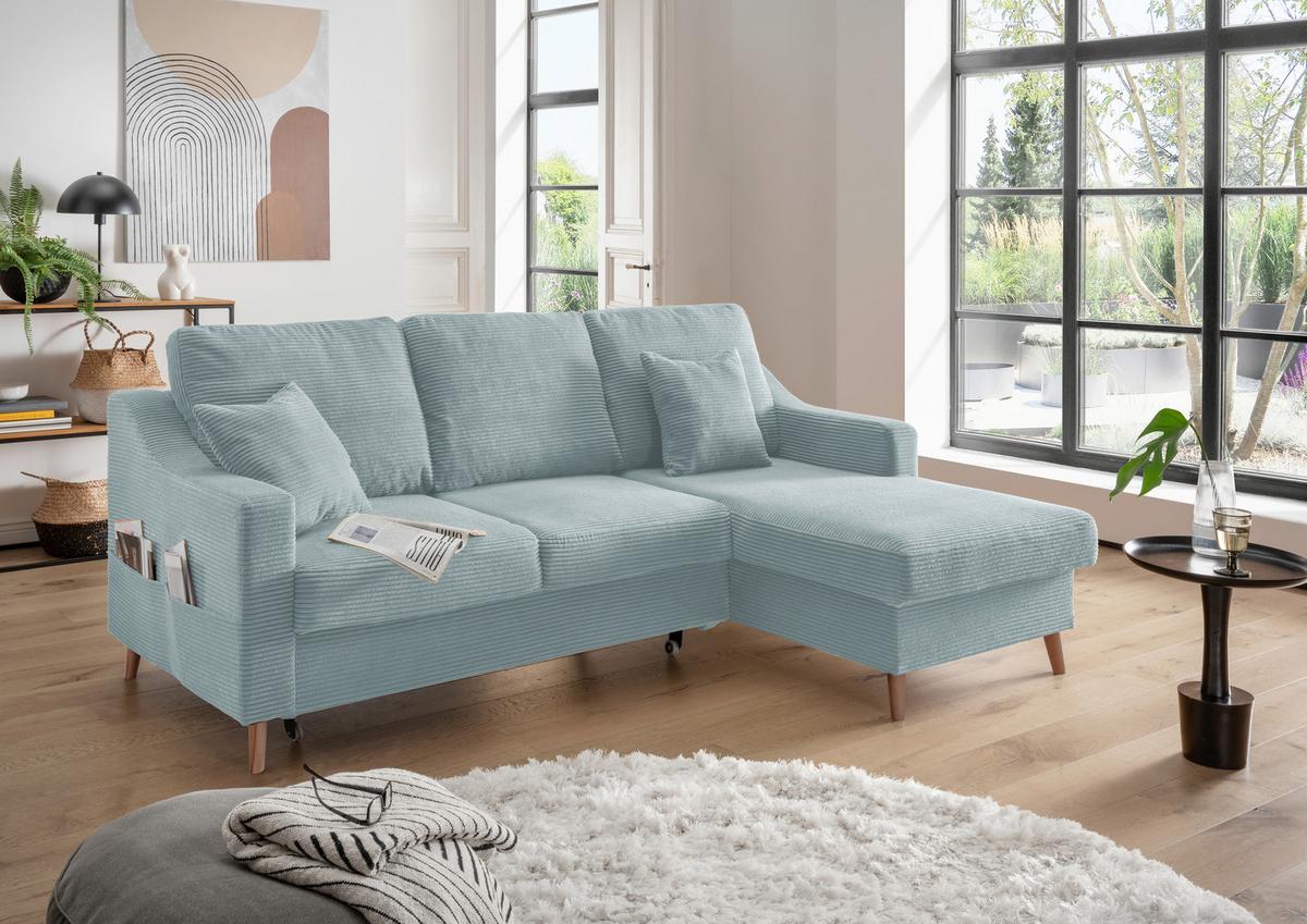 Ecksofa VALENTINA Cord ca. 228x150 cm Hellgrau - Naturfarben/Hellblau, Design, Holz/Textil (228/150cm) - P & B