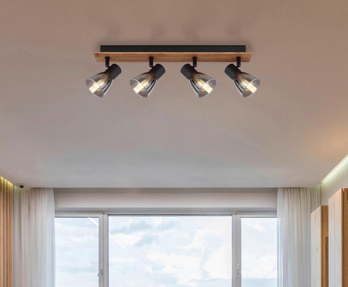 Strahler Claude in Schwarz max. 40 Watt - Dunkelbraun/Schwarz, Natur, Glas/Holz (50/7/15,5cm) - Globo