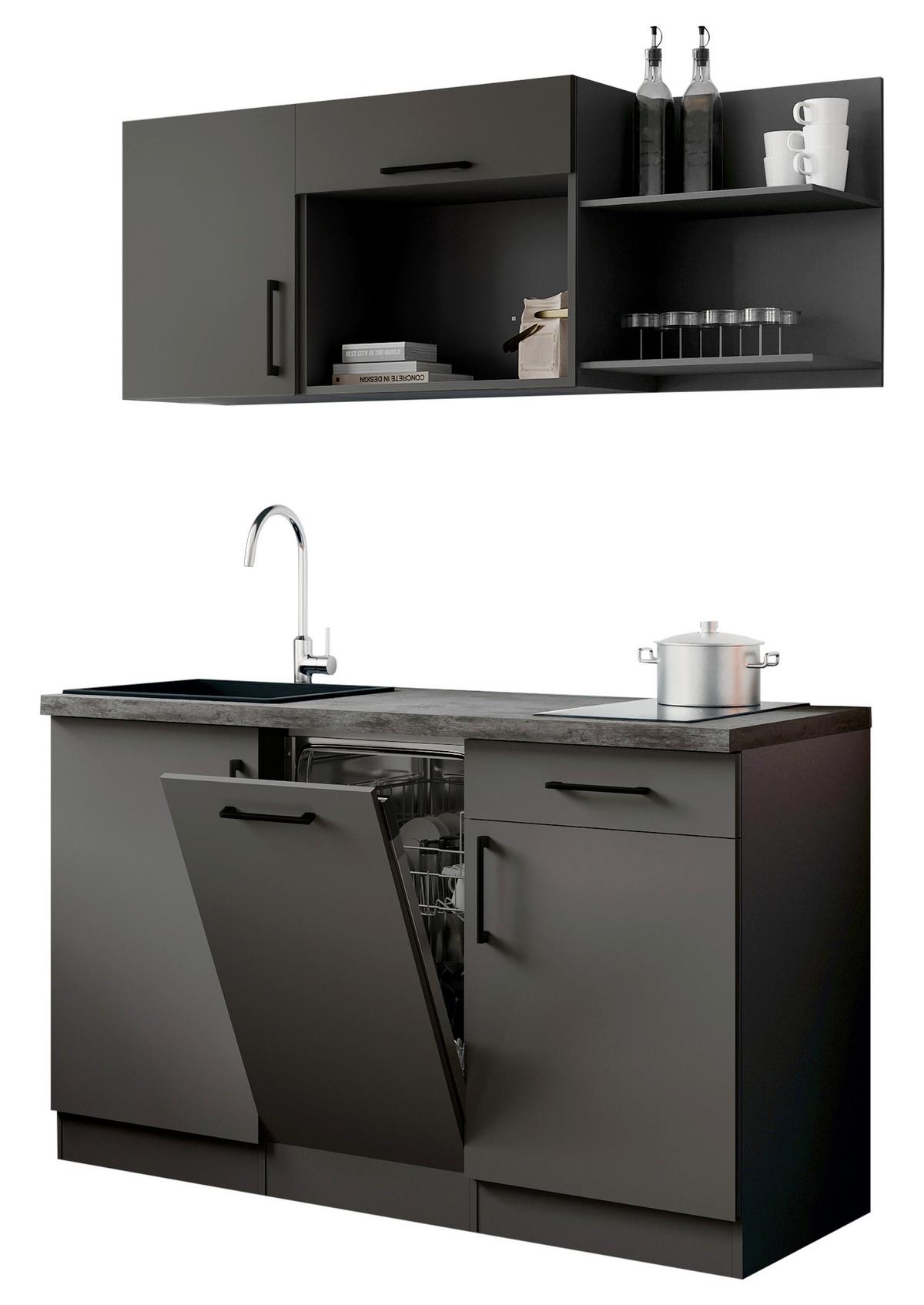 Miniküche Oliver m. Geräten ca. 145cm Grau - Grau, Trend, Holzwerkstoff/Metall (145cm) - Respekta